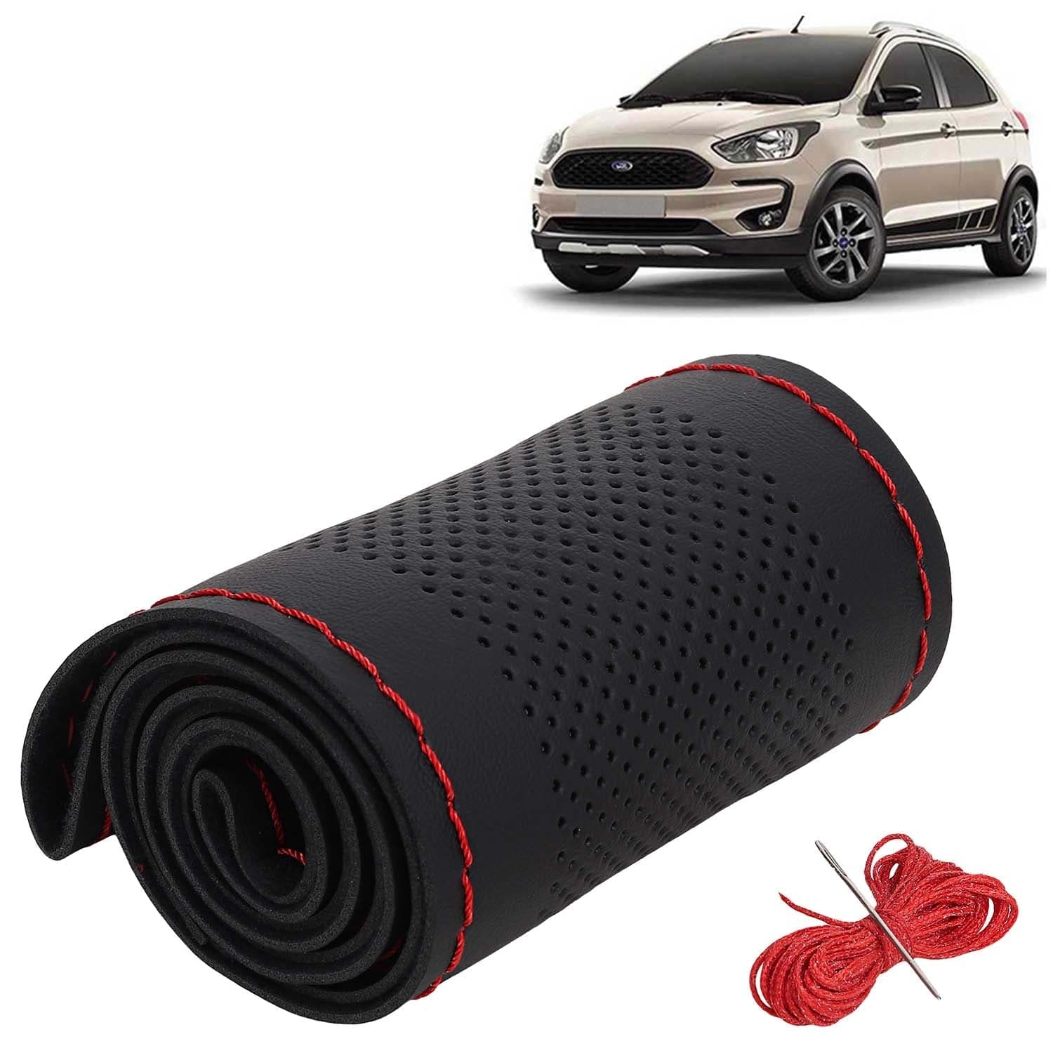 Ford Freestyle Car Steering Wheel Cover PU Leatherite Sewable Compatible with (Year 2018 - 2021), Black Color with Red Thread, Pack of 1 with Sewing Needle and Thread