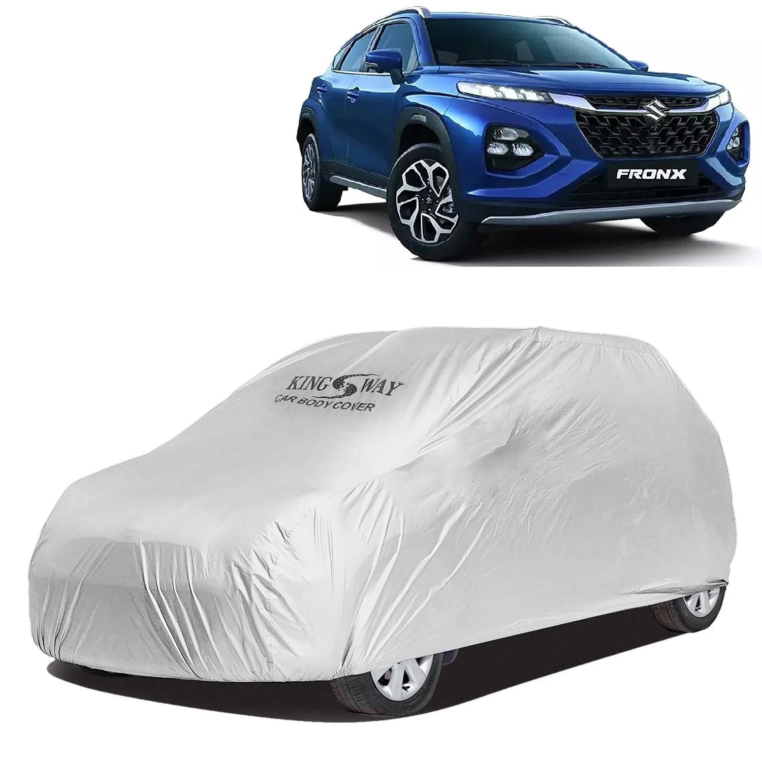 Fronx Car Body Cover Dustproof for (Year 2023 Onwards) All Model, Compatible with Maruti Suzuki Fronx Car Cover, Comes with Bird Droppings, Scratch, UV and Paint Protection, Silver Matty