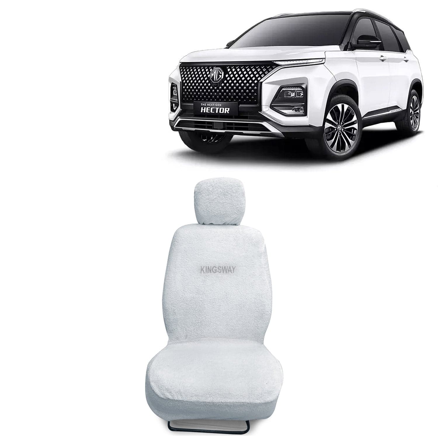 Hector Seat Cover for (Year 2023 Onwards), Towel Fabric Car Seat Covers Compatible with Morris Garages (MG) Hector, Complete Set (Car Specific Front + Rear Seat Covers), White Color