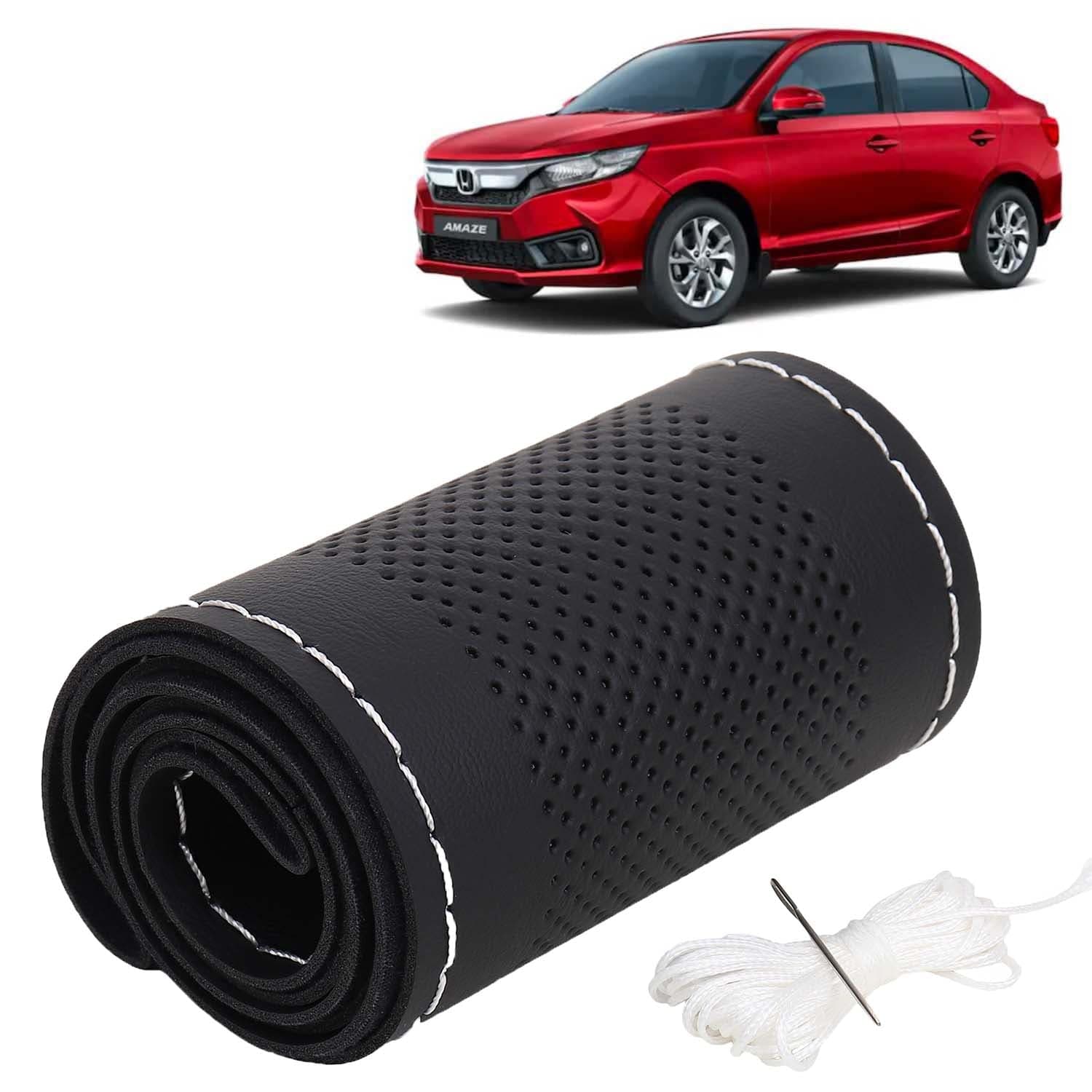 Honda Amaze Car Steering Wheel Cover PU Leatherite Sewable Compatible with (Year 2023 Onwards), Black Color with Silver Thread, Pack of 1 with Sewing Needle and Thread