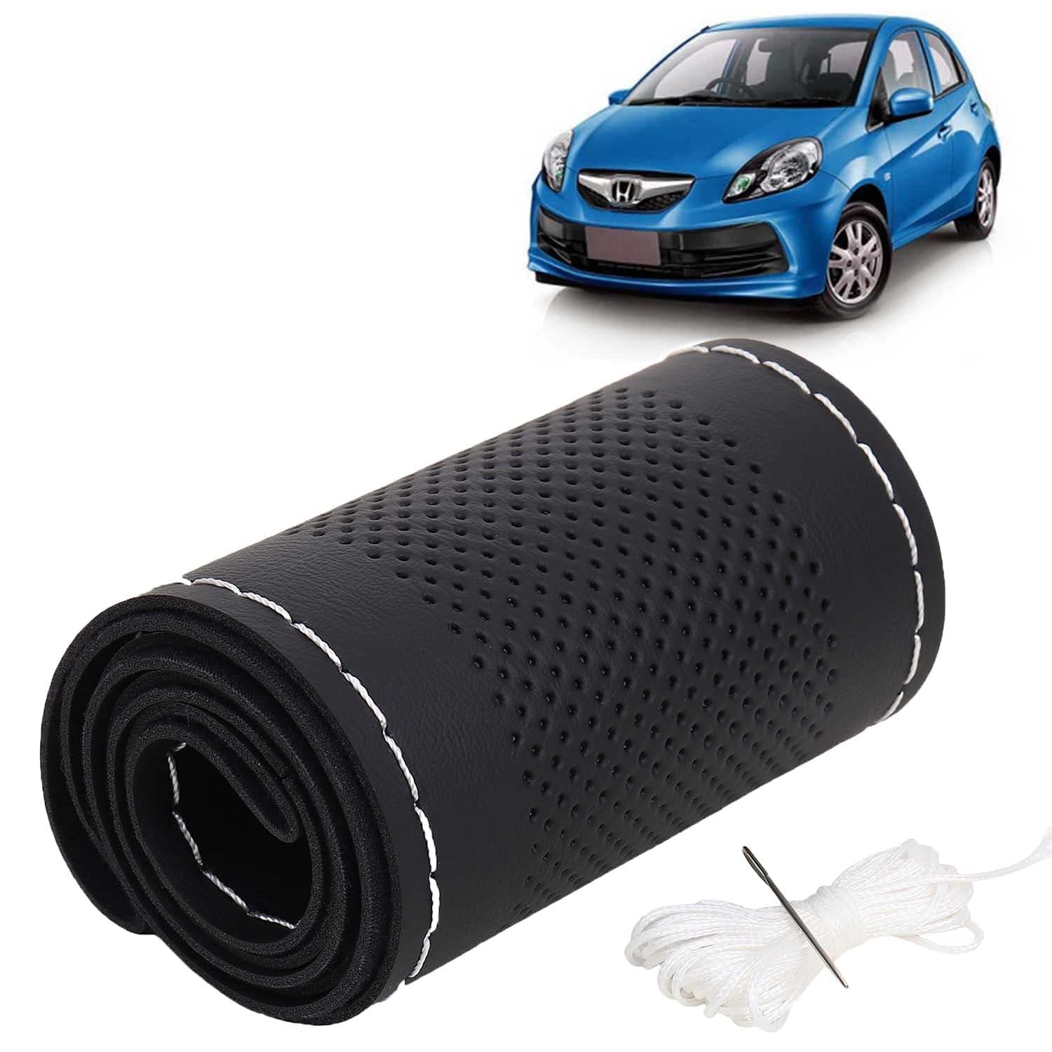 Honda Brio Car Steering Wheel Cover PU Leatherite Sewable Compatible with (Year 2011 - 2019), Black Color with Silver Thread, Pack of 1 with Sewing Needle and Thread
