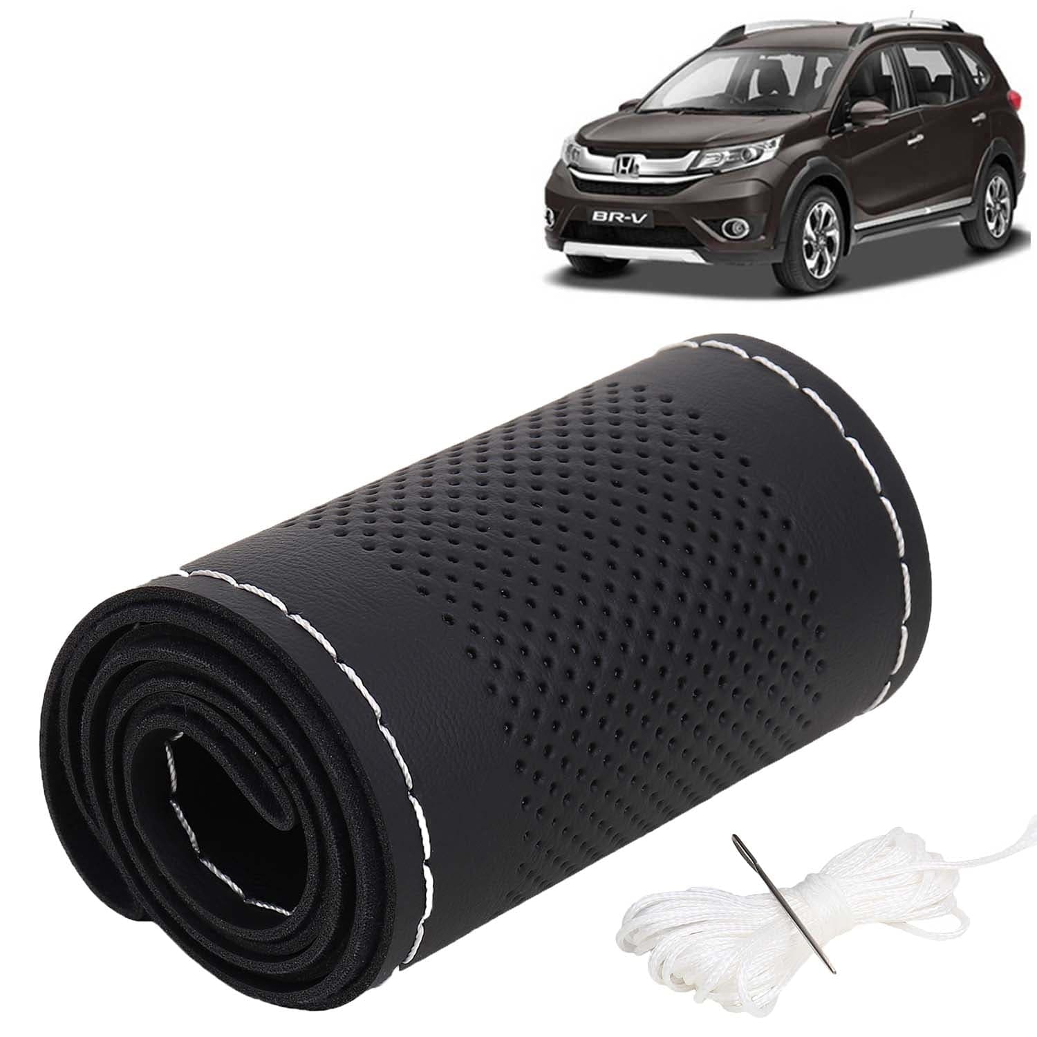 Honda BRV Car Steering Wheel Cover PU Leatherite Sewable Compatible with (Year 2016 - 2020), Black Color with Silver Thread, Pack of 1 with Sewing Needle and Thread