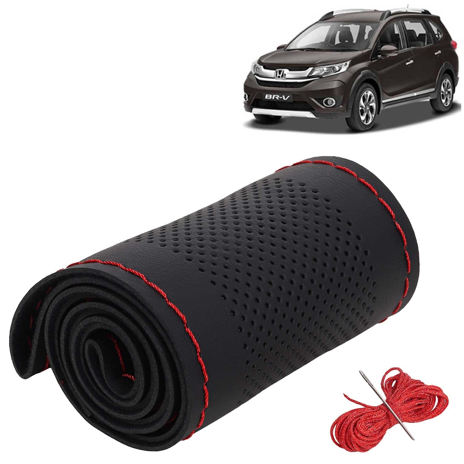 Honda BRV Car Steering Wheel Cover PU Leatherite Sewable Compatible with (Year 2016 - 2020), Black Color with Red Thread, Pack of 1 with Sewing Needle and Thread