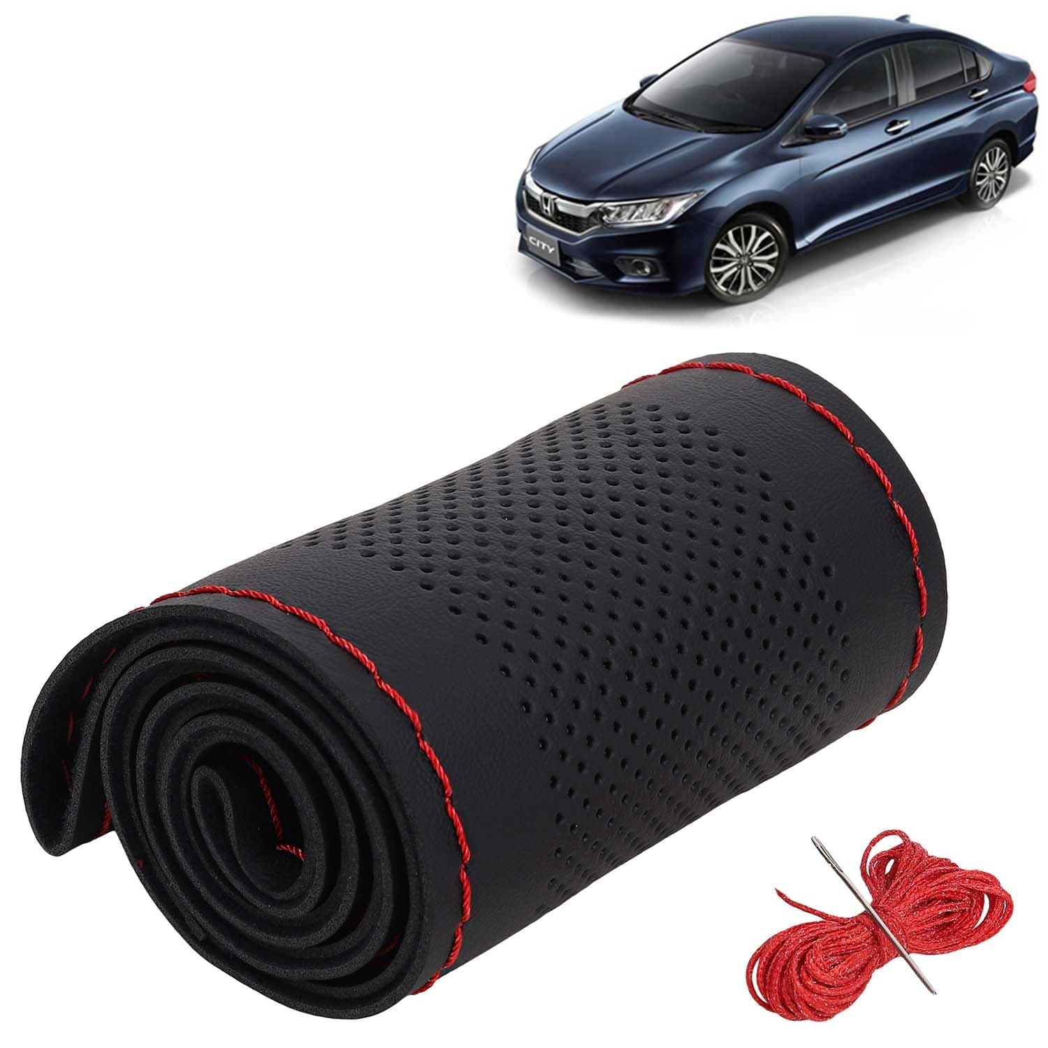 Honda City Car Steering Wheel Cover PU Leatherite Sewable Compatible with (Year 2017 - 2019), Black Color with Red Thread, Pack of 1 with Sewing Needle and Thread