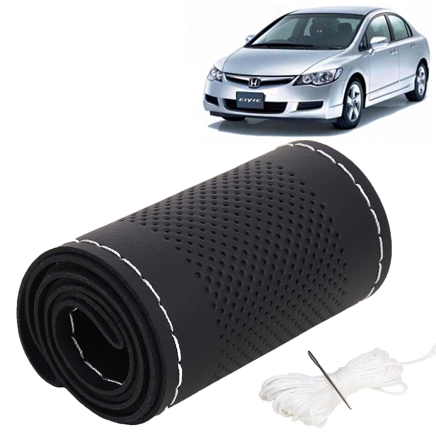 Honda Civic Car Steering Wheel Cover PU Leatherite Sewable Compatible with (Year 2006 - 2015), Black Color with Silver Thread, Pack of 1 with Sewing Needle and Thread