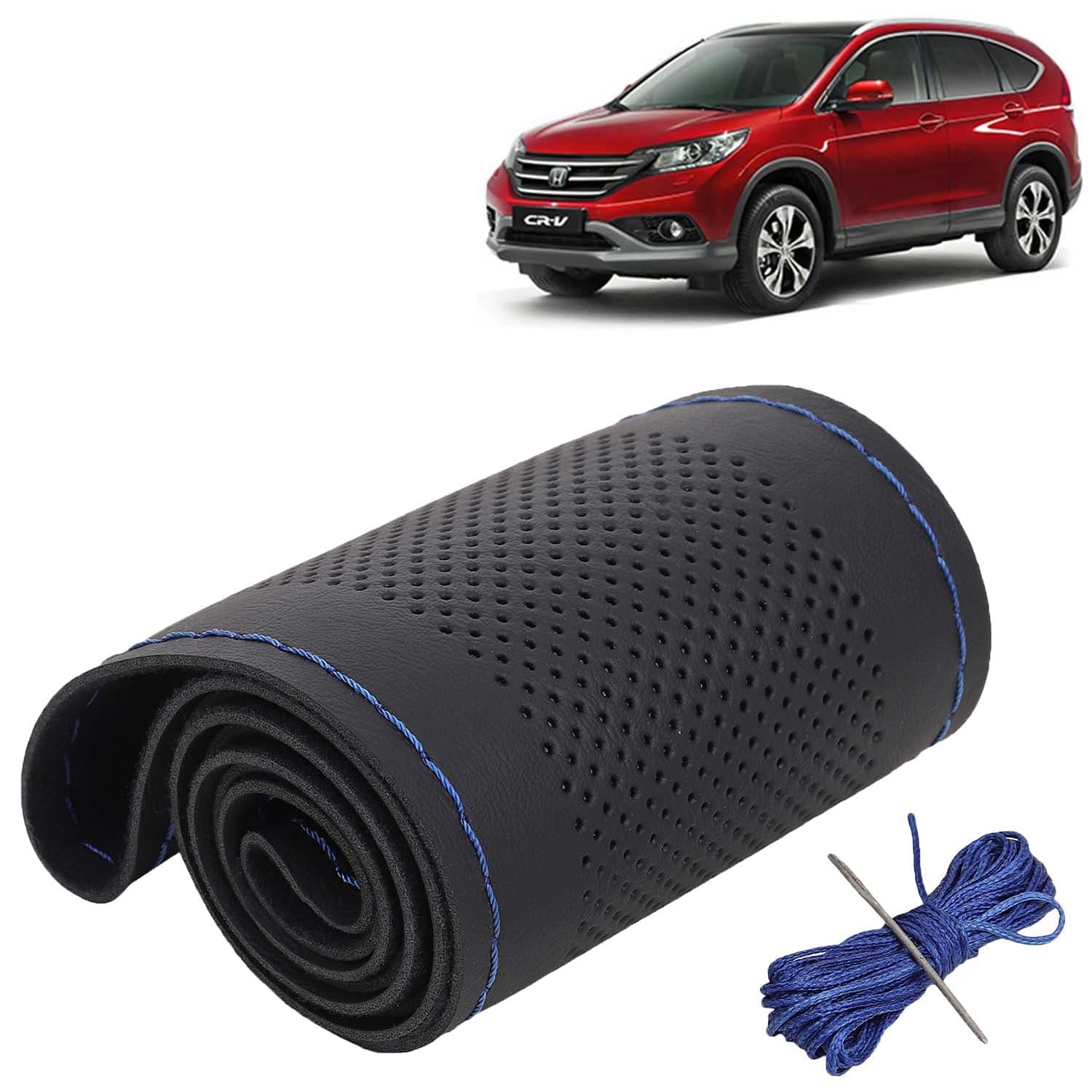 Honda CRV Car Steering Wheel Cover PU Leatherite Sewable Compatible with (Year 2012 - 2018), Black Color with Blue Thread, Pack of 1 with Sewing Needle and Thread