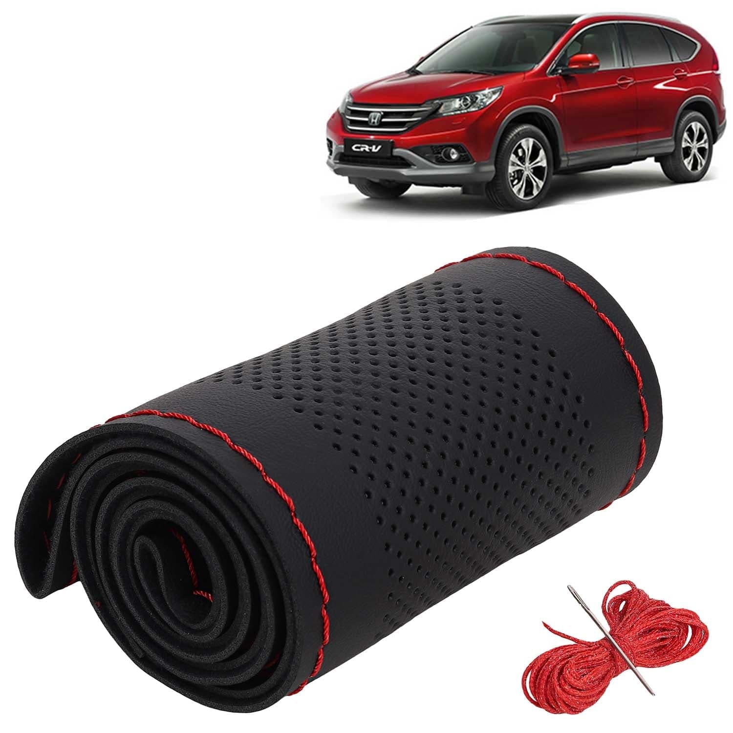 Honda CRV Car Steering Wheel Cover PU Leatherite Sewable Compatible with (Year 2012 - 2018), Black Color with Red Thread, Pack of 1 with Sewing Needle and Thread