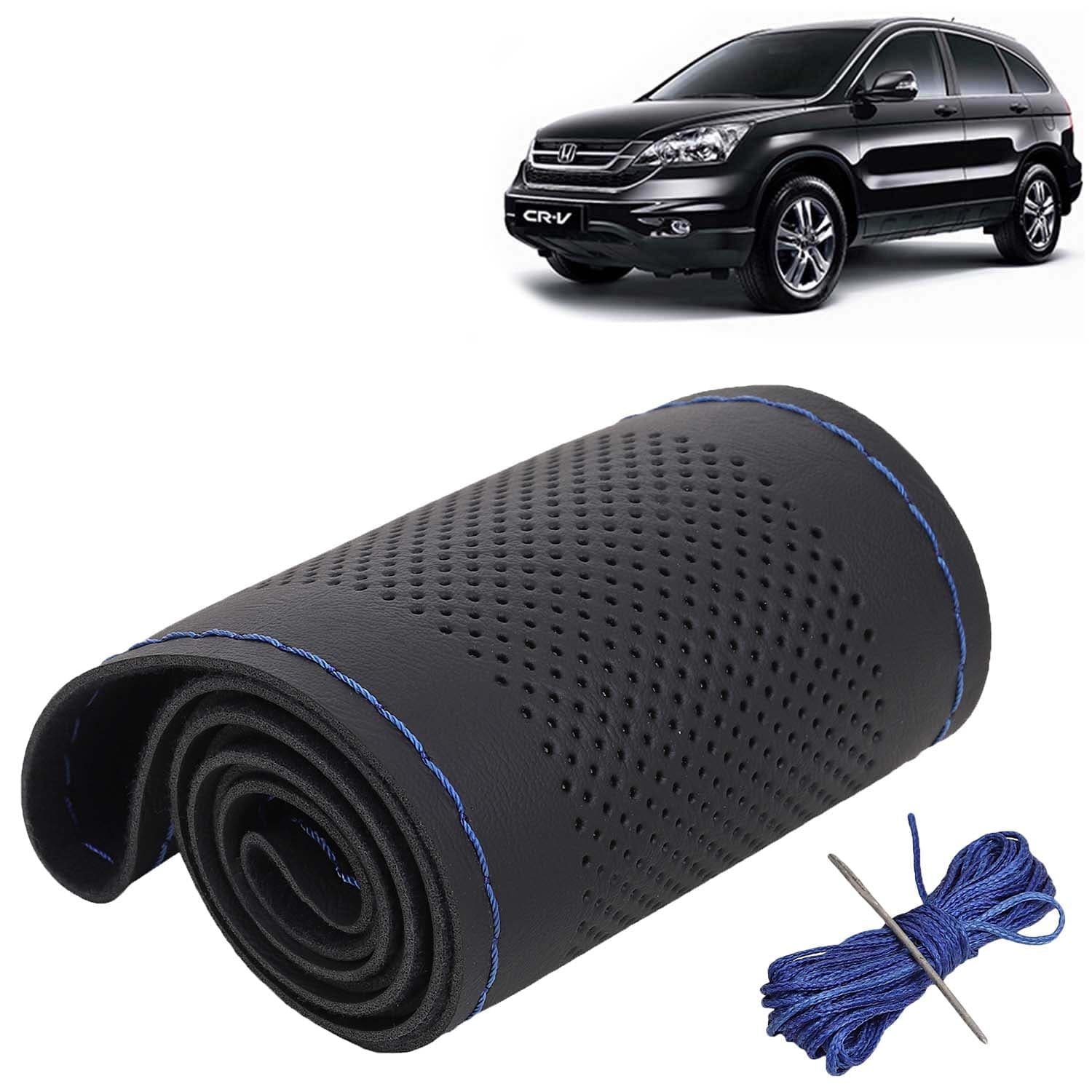 Honda CRV Car Steering Wheel Cover PU Leatherite Sewable Compatible with (Year 2007 - 2011), Black Color with Blue Thread, Pack of 1 with Sewing Needle and Thread