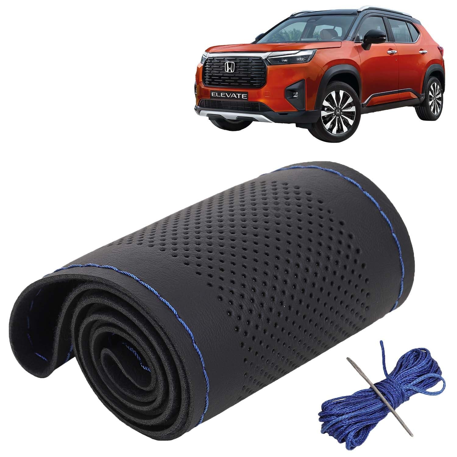 Honda Elevate Car Steering Wheel Cover PU Leatherite Sewable Compatible with (Year 2023 Onwards), Black Color with Blue Thread, Pack of 1 with Sewing Needle and Thread