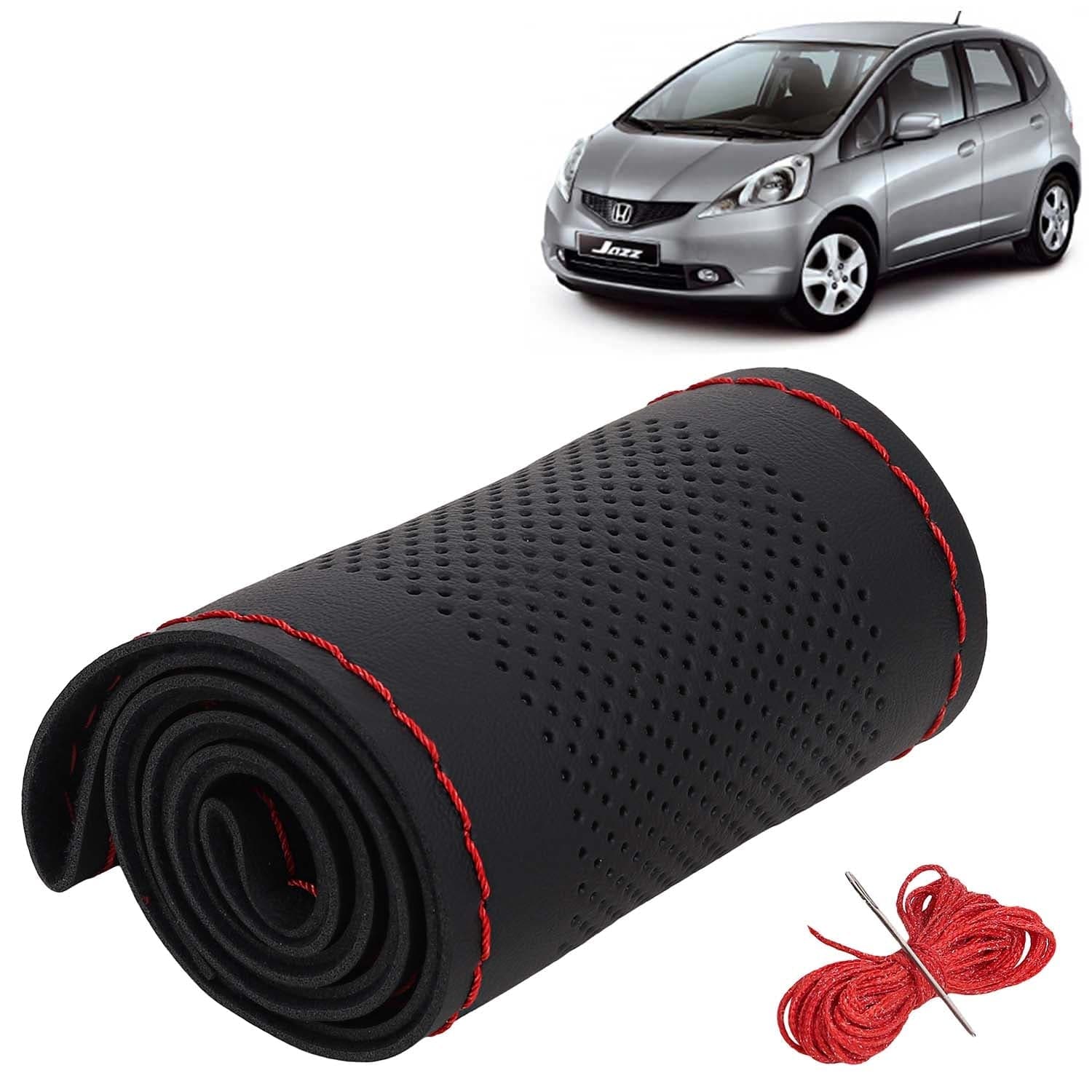 Honda Jazz Car Steering Wheel Cover PU Leatherite Sewable Compatible with (Year 2009 - 2014), Black Color with Red Thread, Pack of 1 with Sewing Needle and Thread