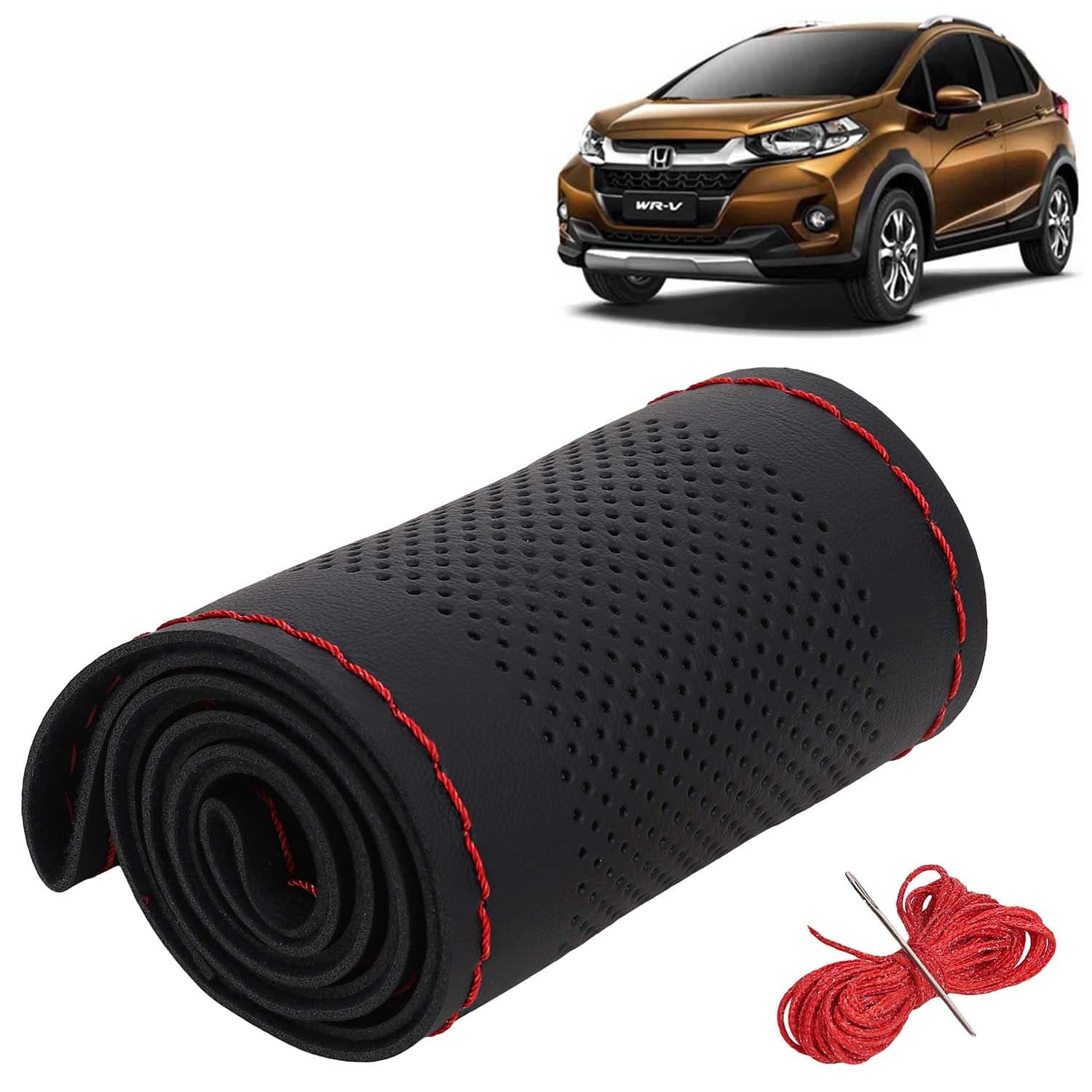 Honda WRV Car Steering Wheel Cover PU Leatherite Sewable Compatible with (Year 2020 Onwards), Black Color with Red Thread, Pack of 1 with Sewing Needle and Thread