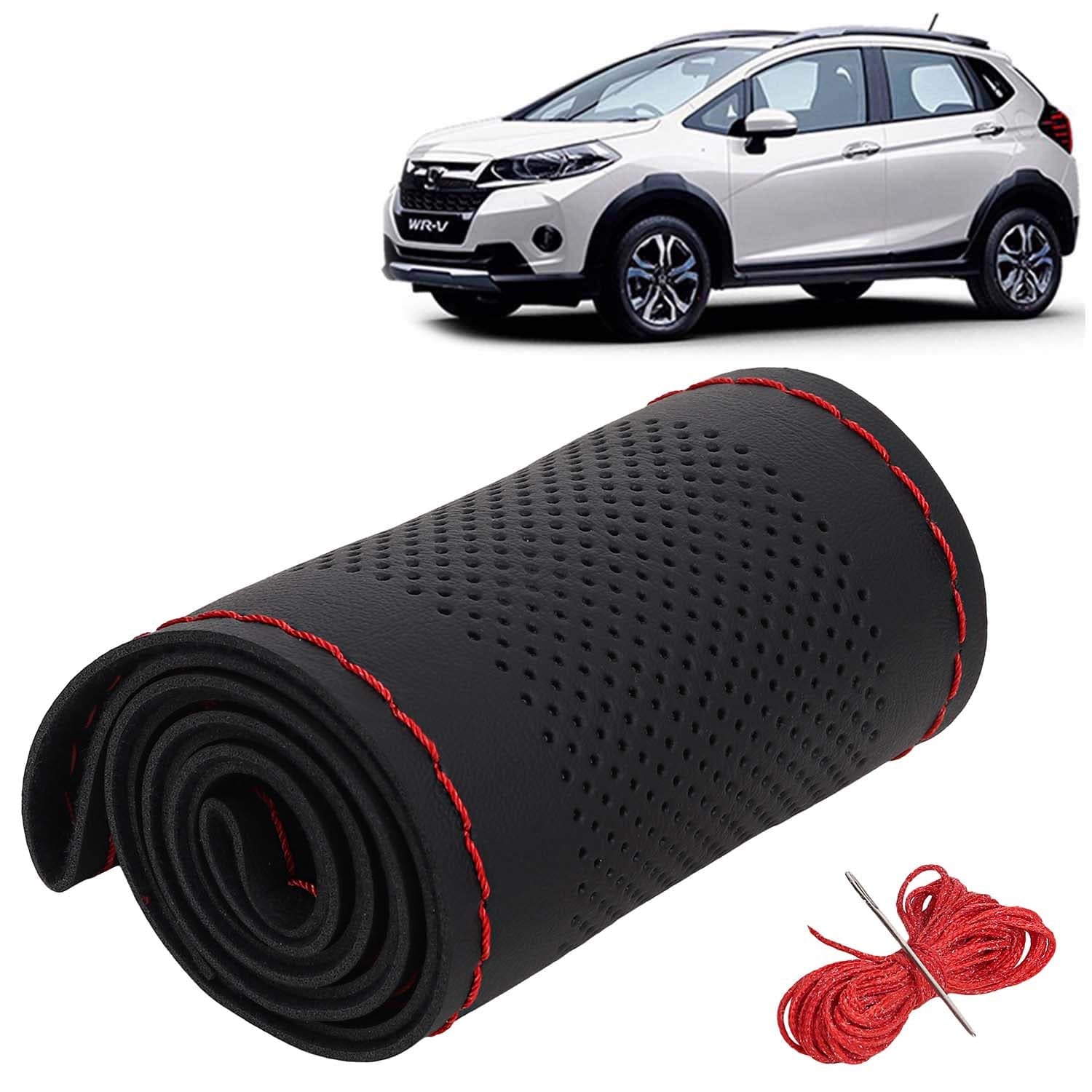 Honda WRV Car Steering Wheel Cover PU Leatherite Sewable Compatible with (Year 2017 - 2019), Black Color with Red Thread, Pack of 1 with Sewing Needle and Thread