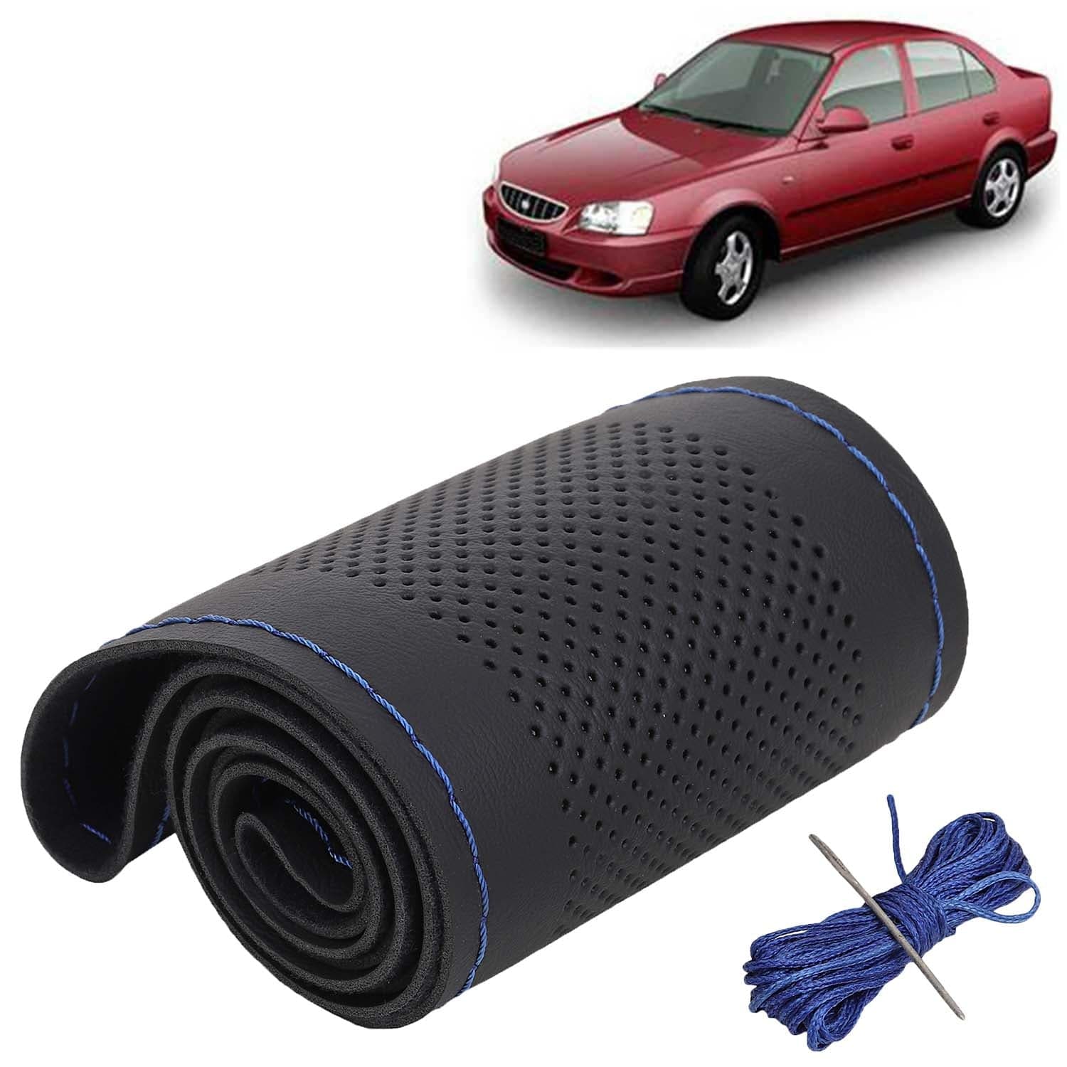 Hyundai Accent Car Steering Wheel Cover PU Leatherite Sewable Compatible with (Year 1999 - 2016), Black Color with Blue Thread, Pack of 1 with Sewing Needle and Thread