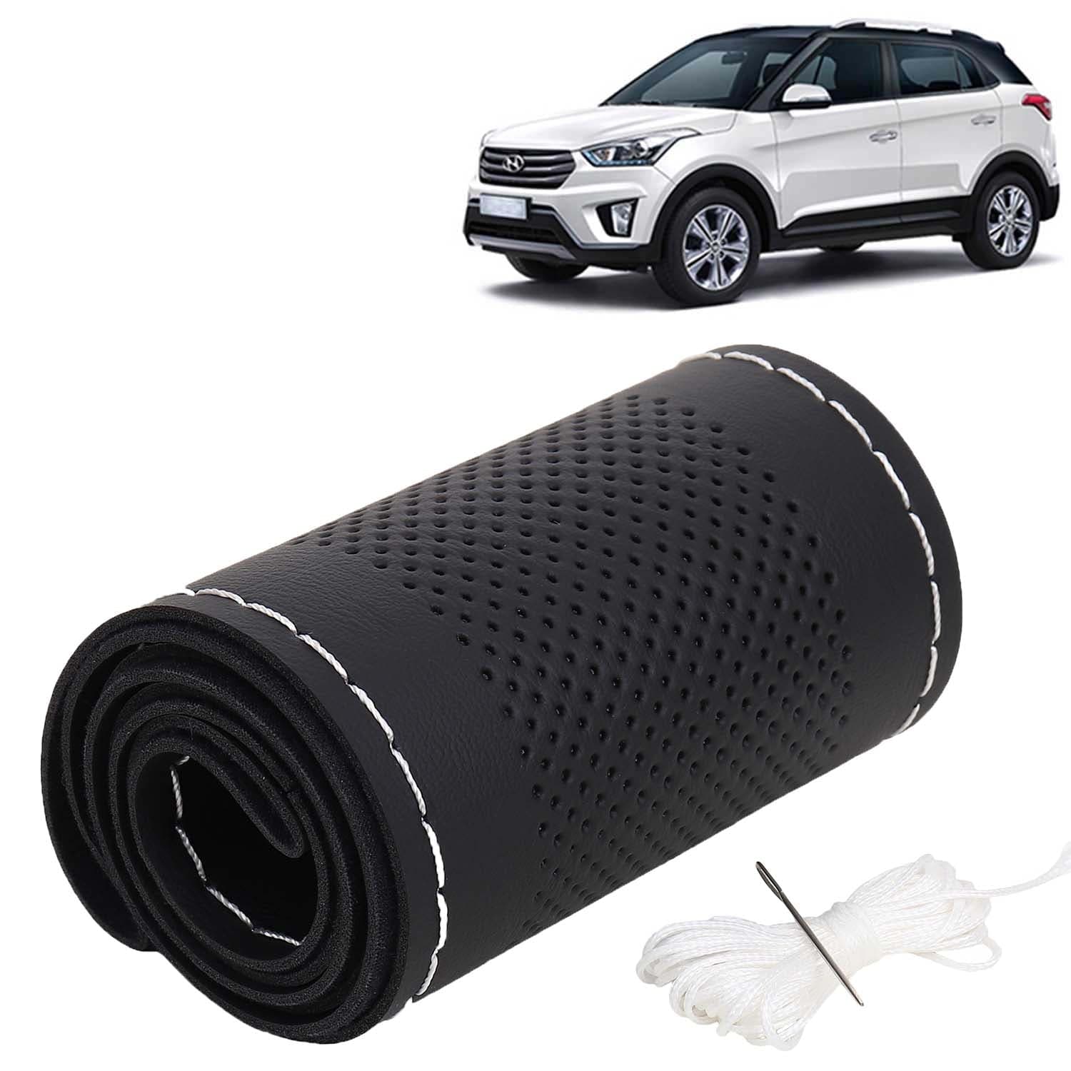Hyundai Creta Car Steering Wheel Cover PU Leatherite Sewable Compatible with (Year 2015 - 2017), Black Color with Silver Thread, Pack of 1 with Sewing Needle and Thread