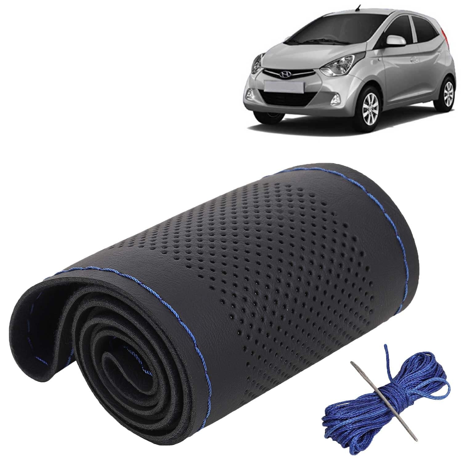 Hyundai Eon Car Steering Wheel Cover PU Leatherite Sewable Compatible with (Year 2011 - 2019), Black Color with Blue Thread, Pack of 1 with Sewing Needle and Thread