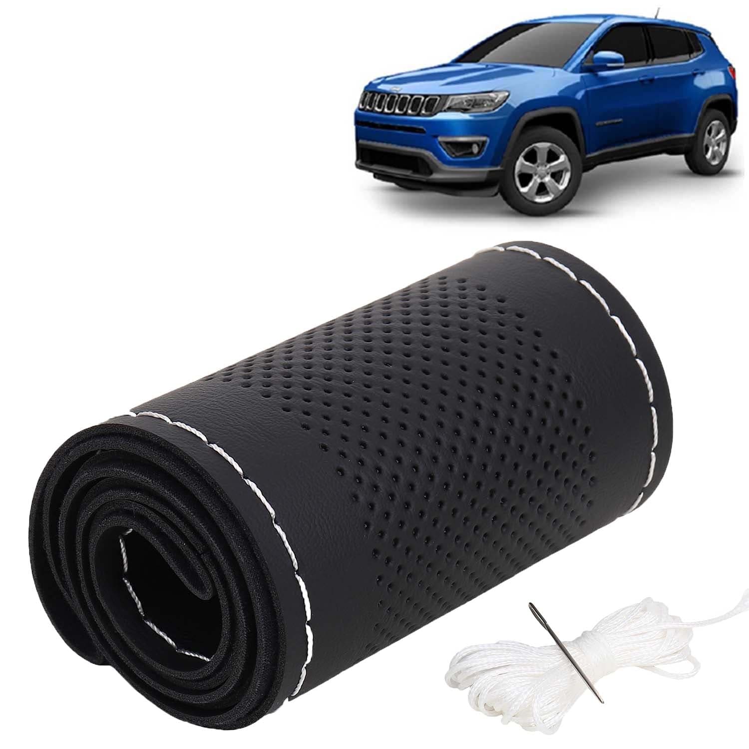 Jeep Compass Car Steering Wheel Cover PU Leatherite Sewable Compatible with (Year 2017 - 2020), Black Color with Silver Thread, Pack of 1 with Sewing Needle and Thread