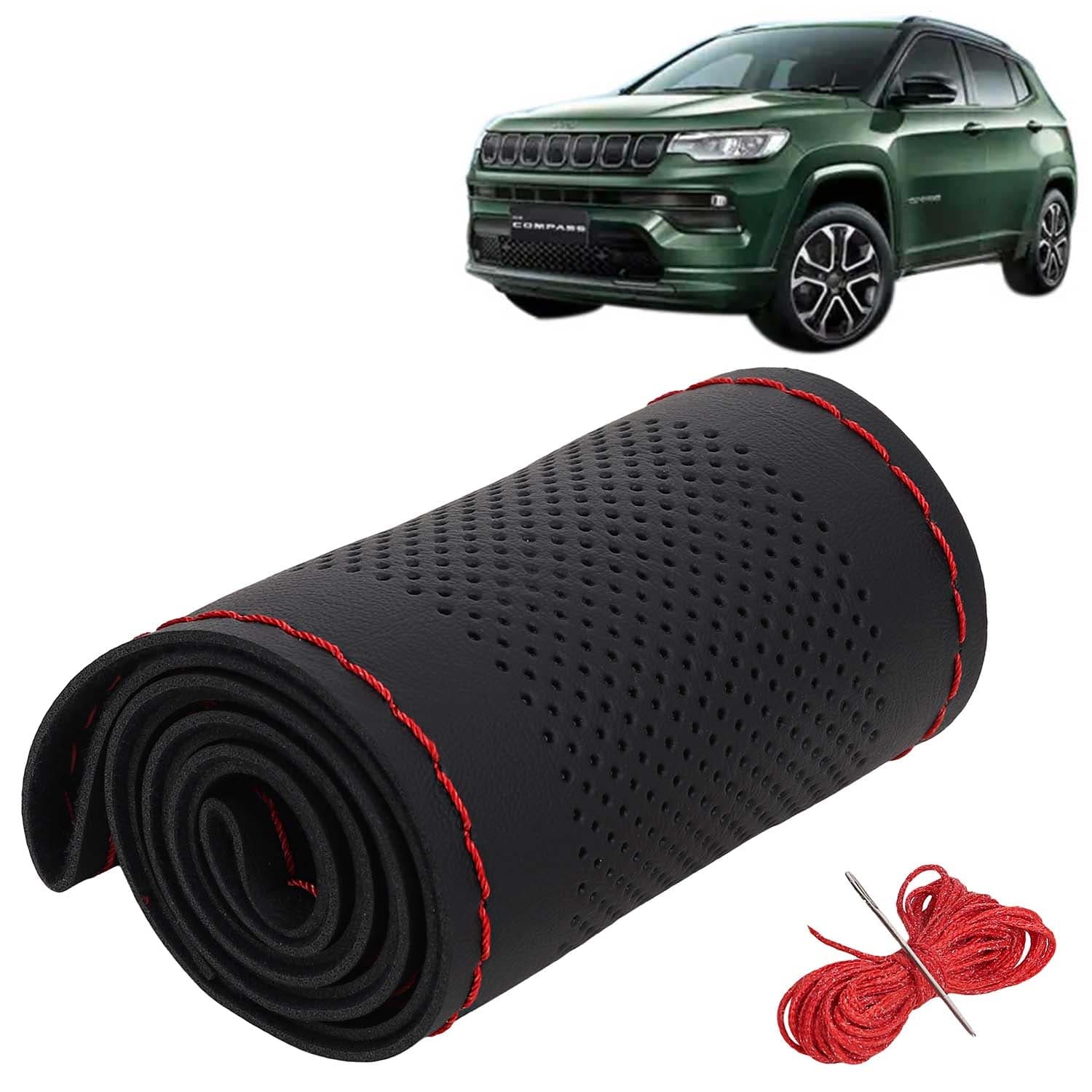 Jeep Compass Car Steering Wheel Cover PU Leatherite Sewable Compatible with (Year 2021 Onwards), Black Color with Red Thread, Pack of 1 with Sewing Needle and Thread