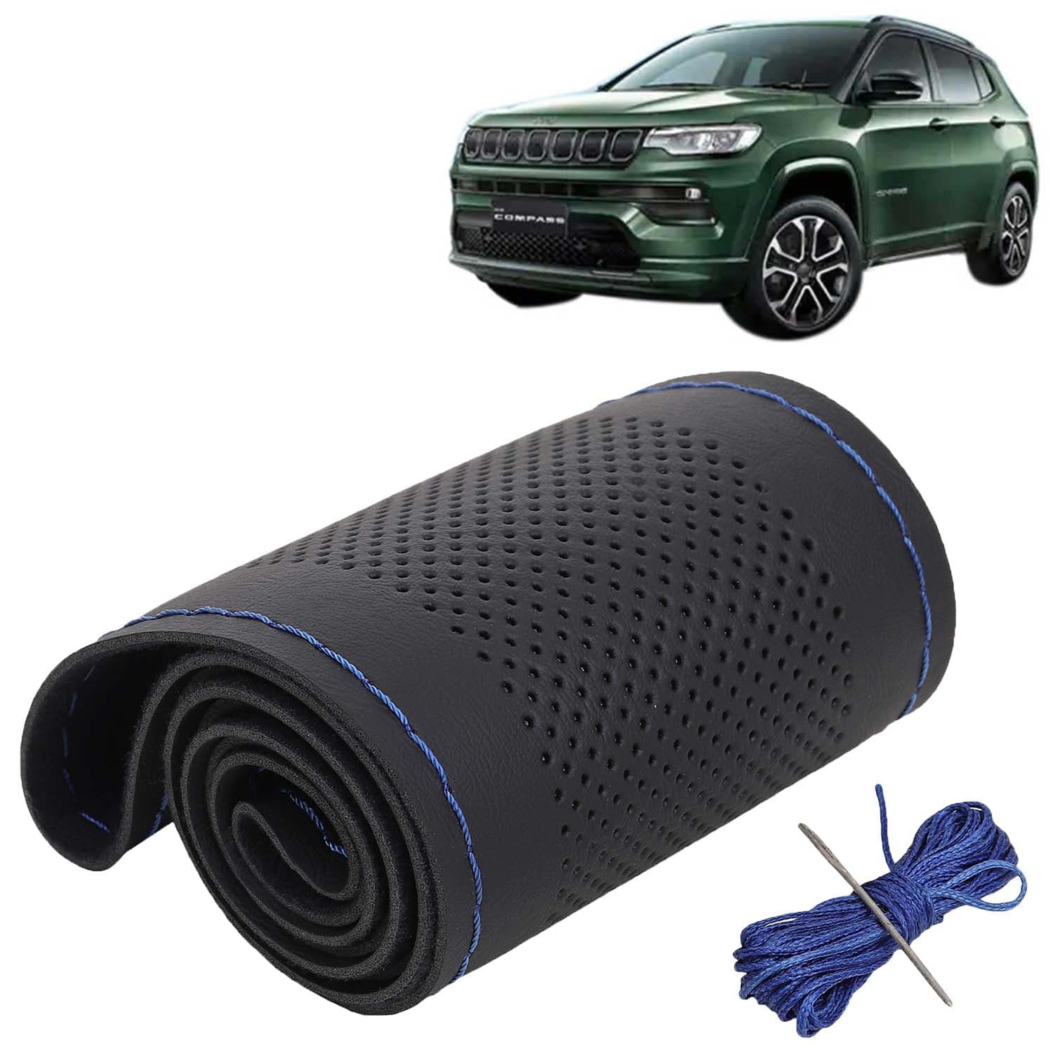 Jeep Compass Car Steering Wheel Cover PU Leatherite Sewable Compatible with (Year 2021 Onwards), Black Color with Blue Thread, Pack of 1 with Sewing Needle and Thread