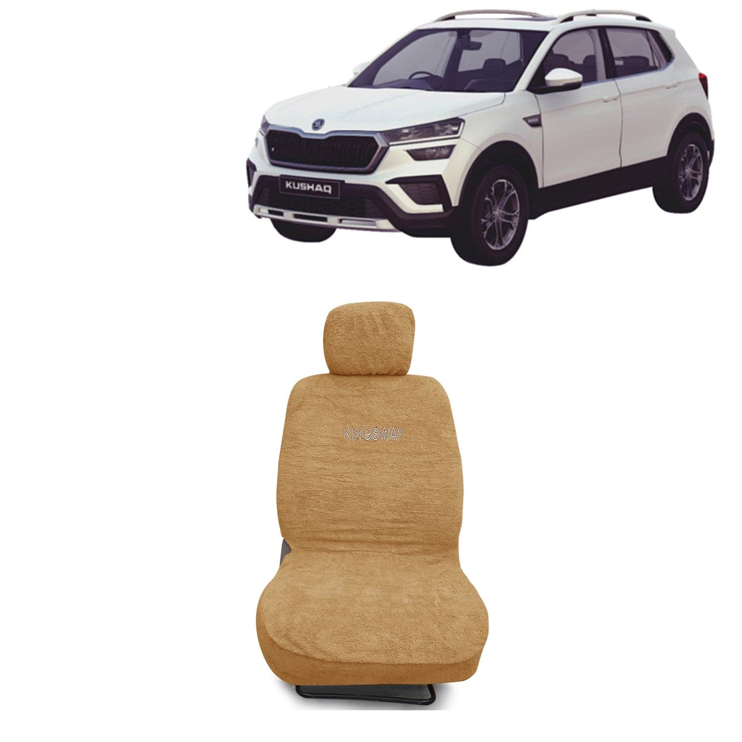 Kushaq Seat Cover for (Year 2021 Onwards) All Model, Towel Fabric Car Seat Covers Compatible with Skoda Kushaq, Complete Set (Car Specific Front + Rear Seat Covers), Beige Color