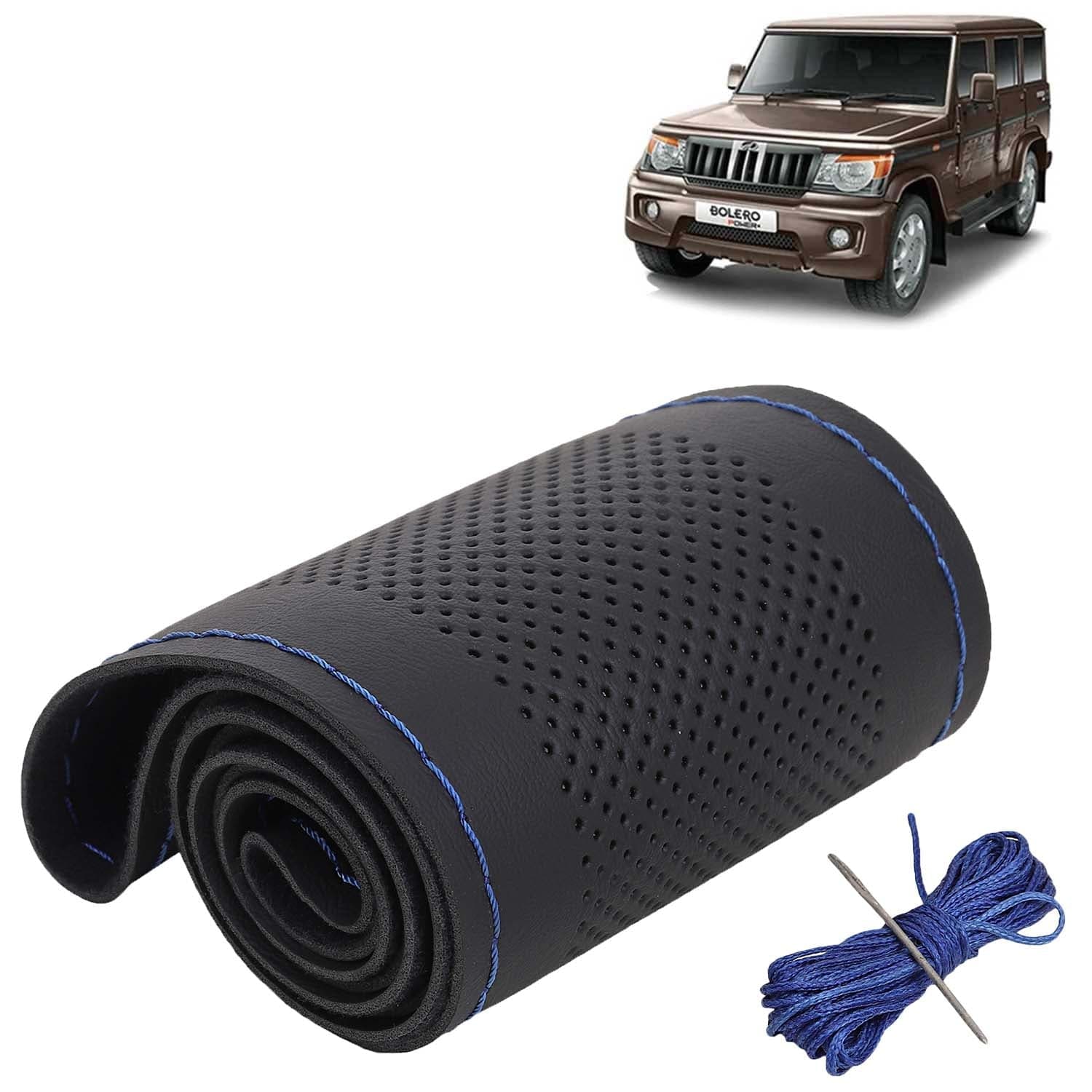 Mahindra Bolero Car Steering Wheel Cover PU Leatherite Sewable Compatible with (Year 2020 Onwards), Black Color with Blue Thread, Pack of 1 with Sewing Needle and Thread