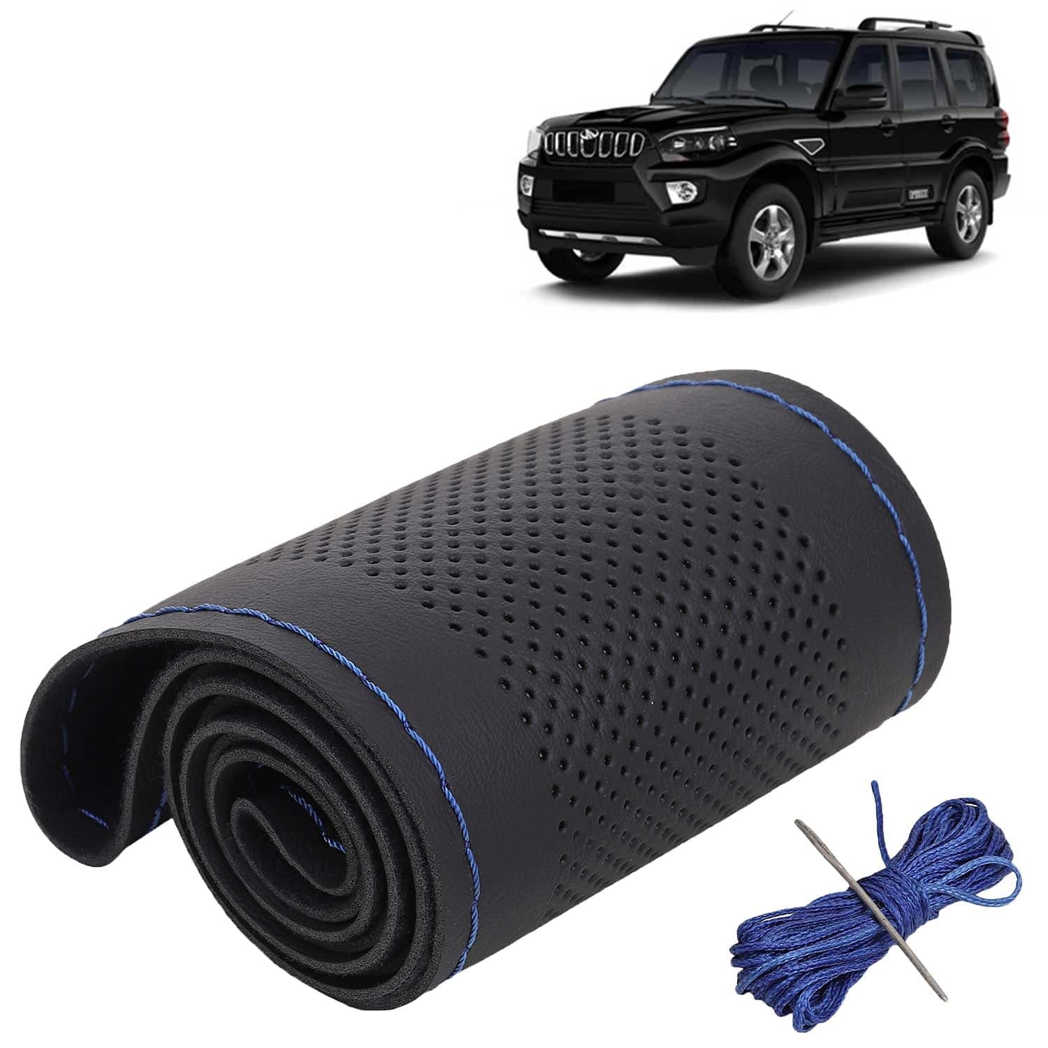 Mahindra Scorpio Car Steering Wheel Cover PU Leatherite Sewable Compatible with (Year 2019 - 2022), Black Color with Blue Thread, Pack of 1 with Sewing Needle and Thread