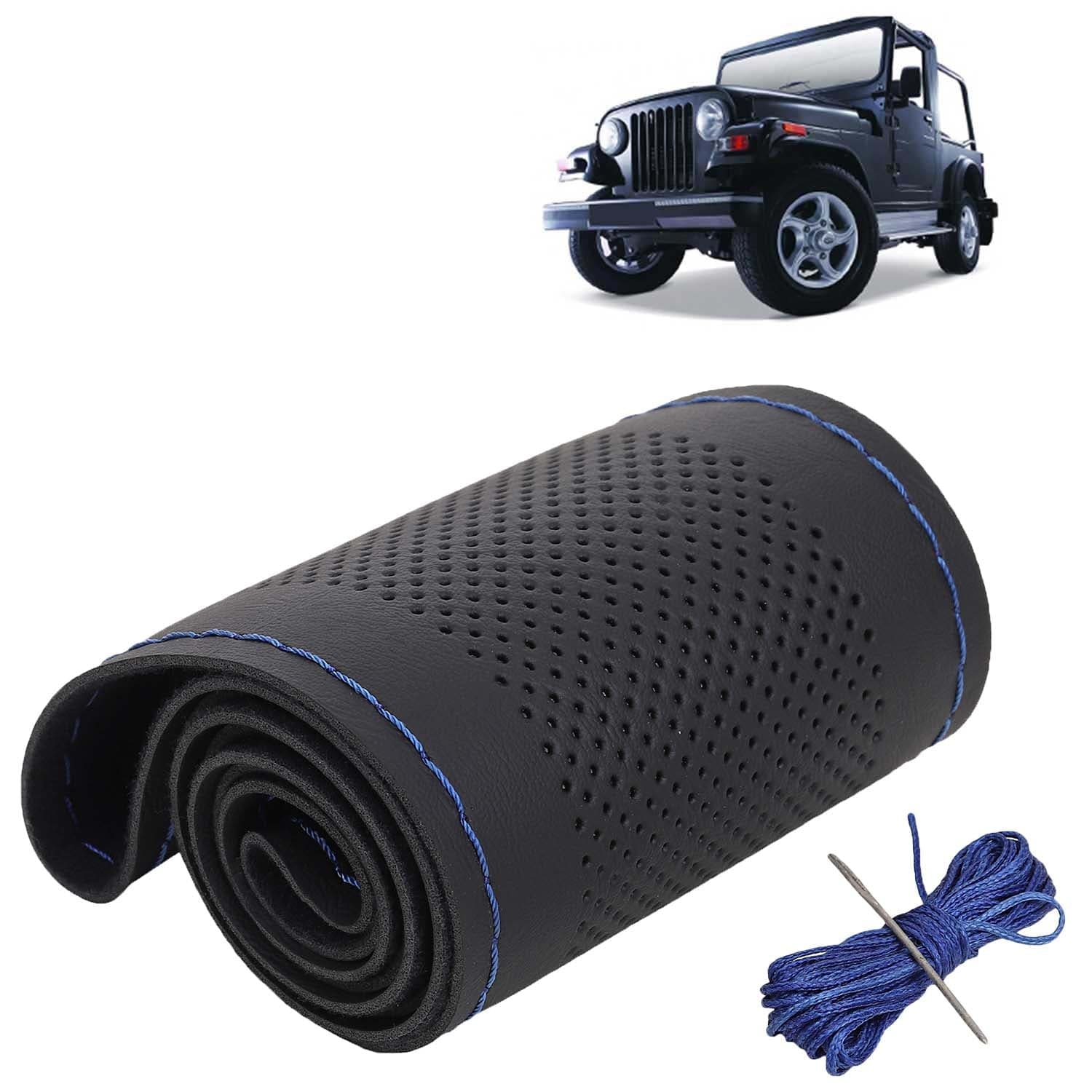 Mahindra Thar Car Steering Wheel Cover PU Leatherite Sewable Compatible with (Year 2010 - 2019), Black Color with Blue Thread, Pack of 1 with Sewing Needle and Thread