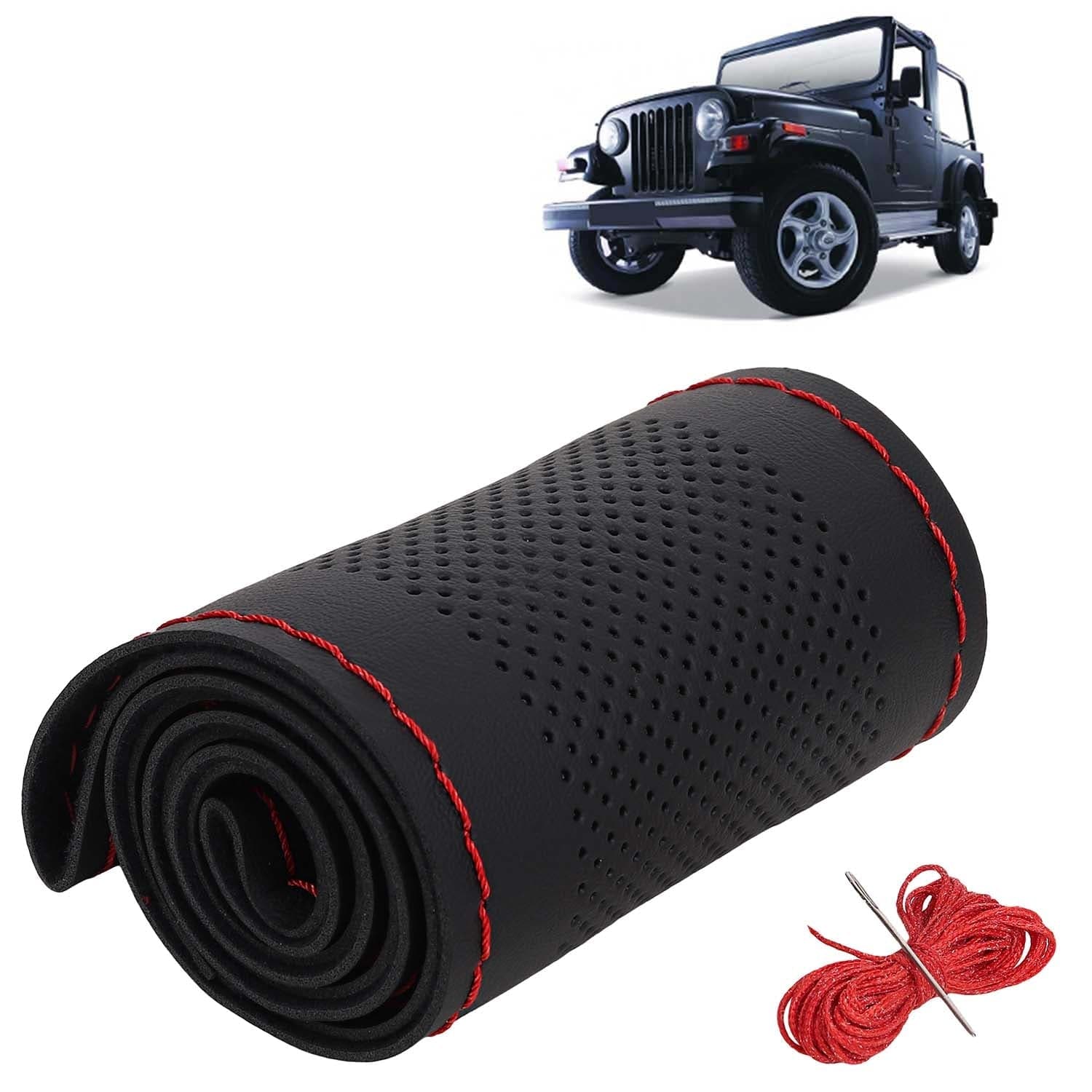 Mahindra Thar Car Steering Wheel Cover PU Leatherite Sewable Compatible with (Year 2010 - 2019), Black Color with Red Thread, Pack of 1 with Sewing Needle and Thread
