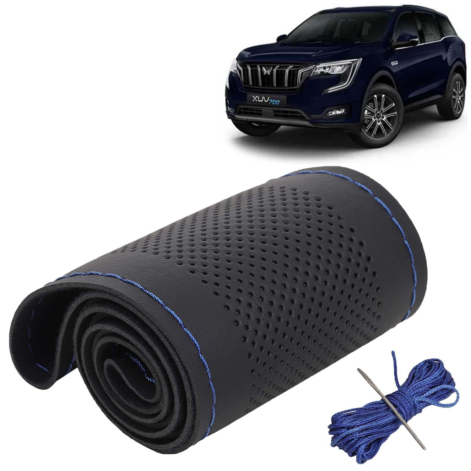 Mahindra XUV 700 Car Steering Wheel Cover PU Leatherite Sewable Compatible with (Year 2021 Onwards), Black Color with Blue Thread, Pack of 1 with Sewing Needle and Thread