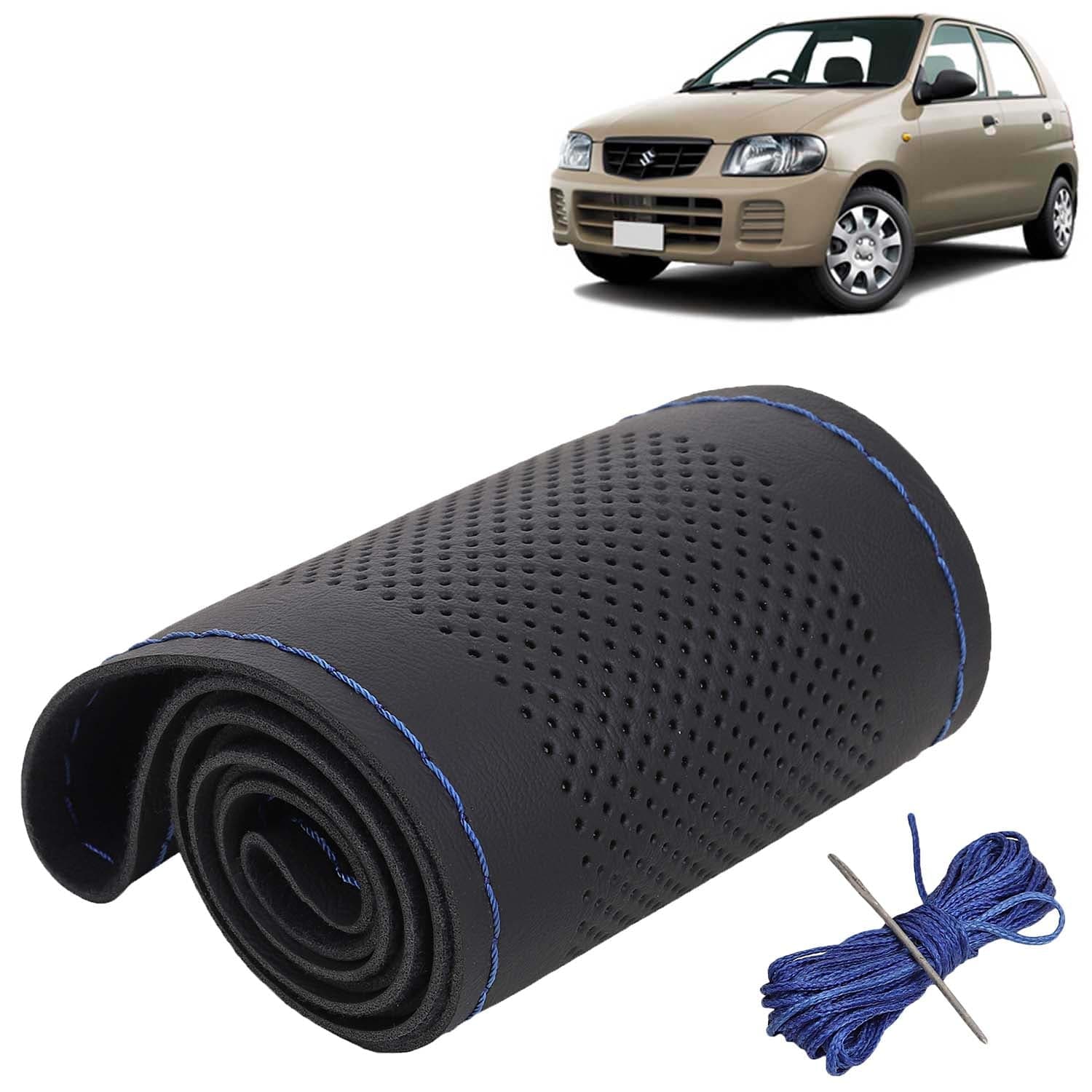 Maruti Suzuki Alto 800 Car Steering Wheel Cover PU Leatherite Sewable Compatible with (Year 2000 - 2012), Black Color with Blue Thread, Pack of 1 with Sewing Needle and Thread