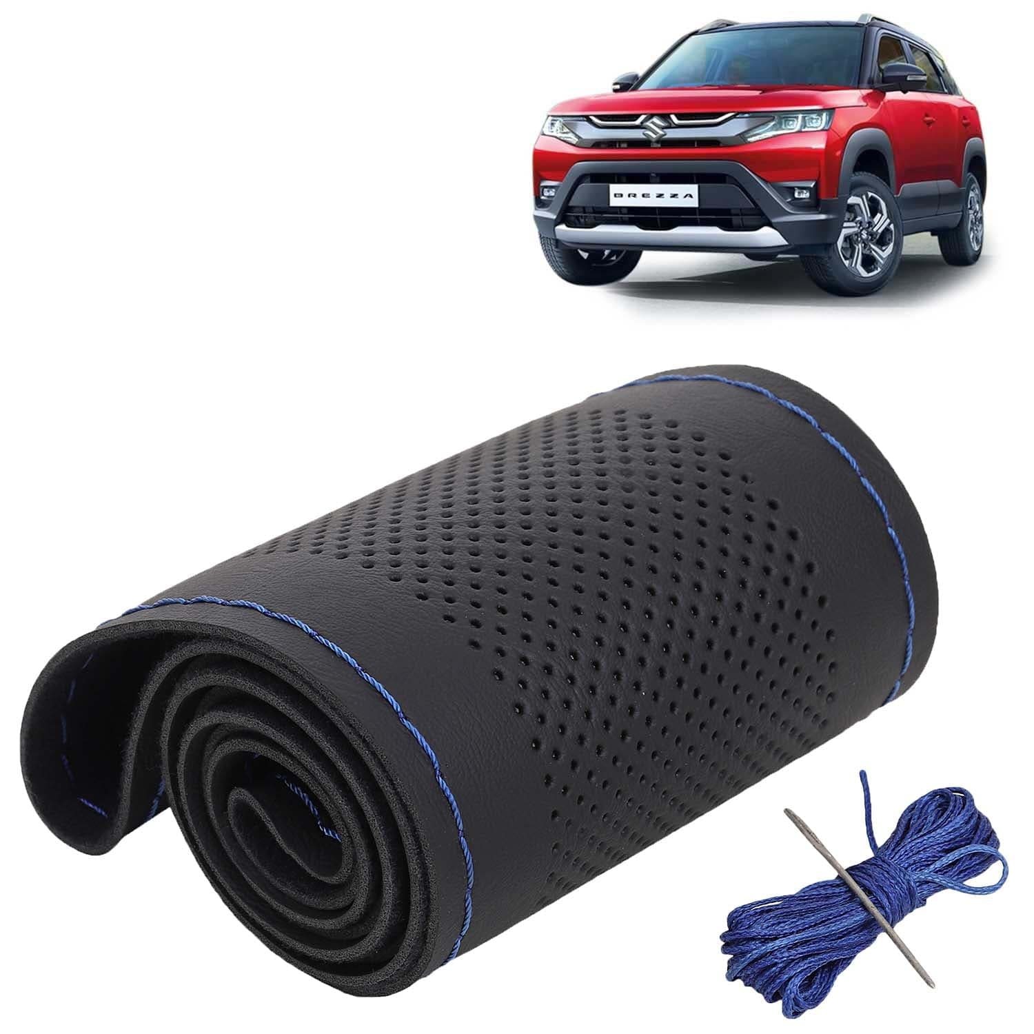 Maruti Suzuki Brezza Car Steering Wheel Cover PU Leatherite Sewable Compatible with (Year 2022 Onwards), Black Color with Blue Thread, Pack of 1 with Sewing Needle and Thread