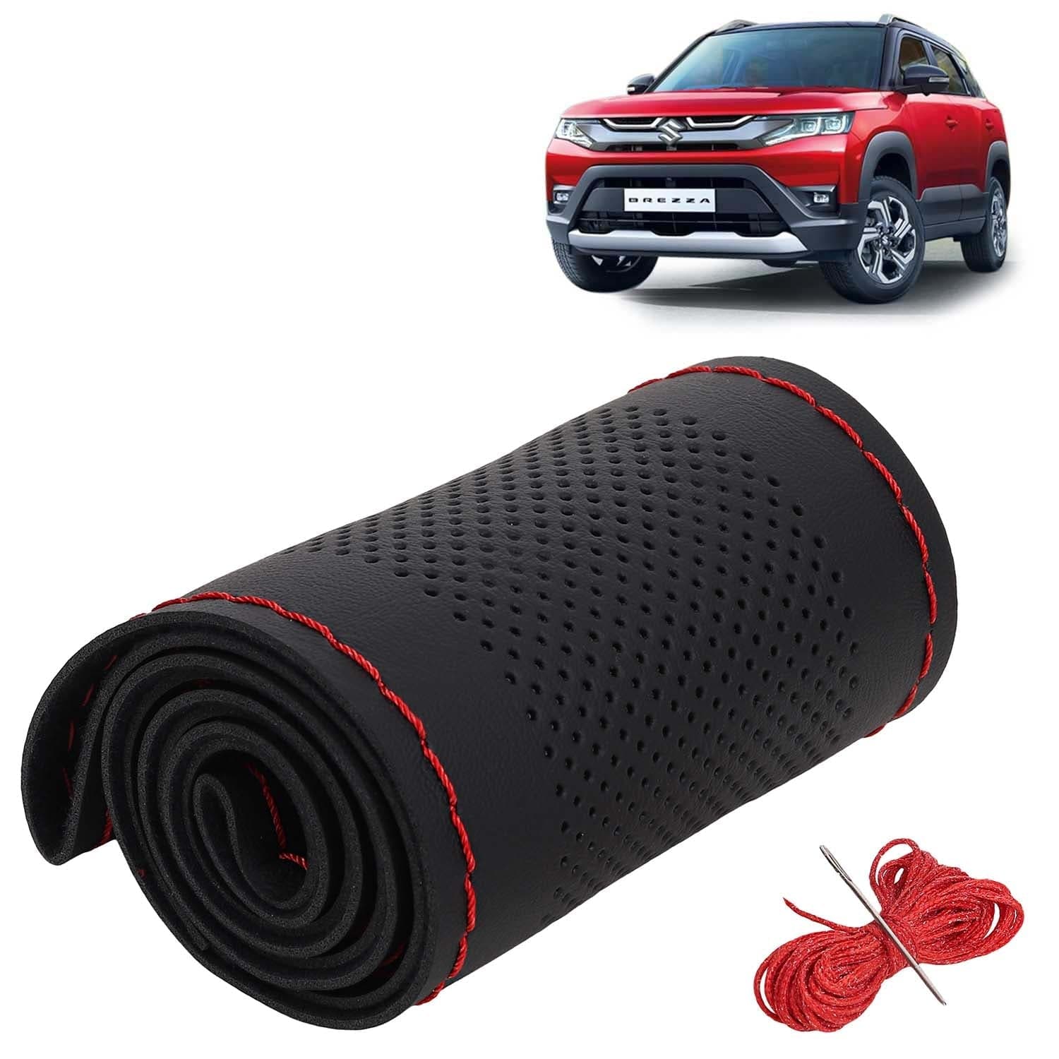 Maruti Suzuki Brezza Car Steering Wheel Cover PU Leatherite Sewable Compatible with (Year 2022 Onwards), Black Color with Red Thread, Pack of 1 with Sewing Needle and Thread