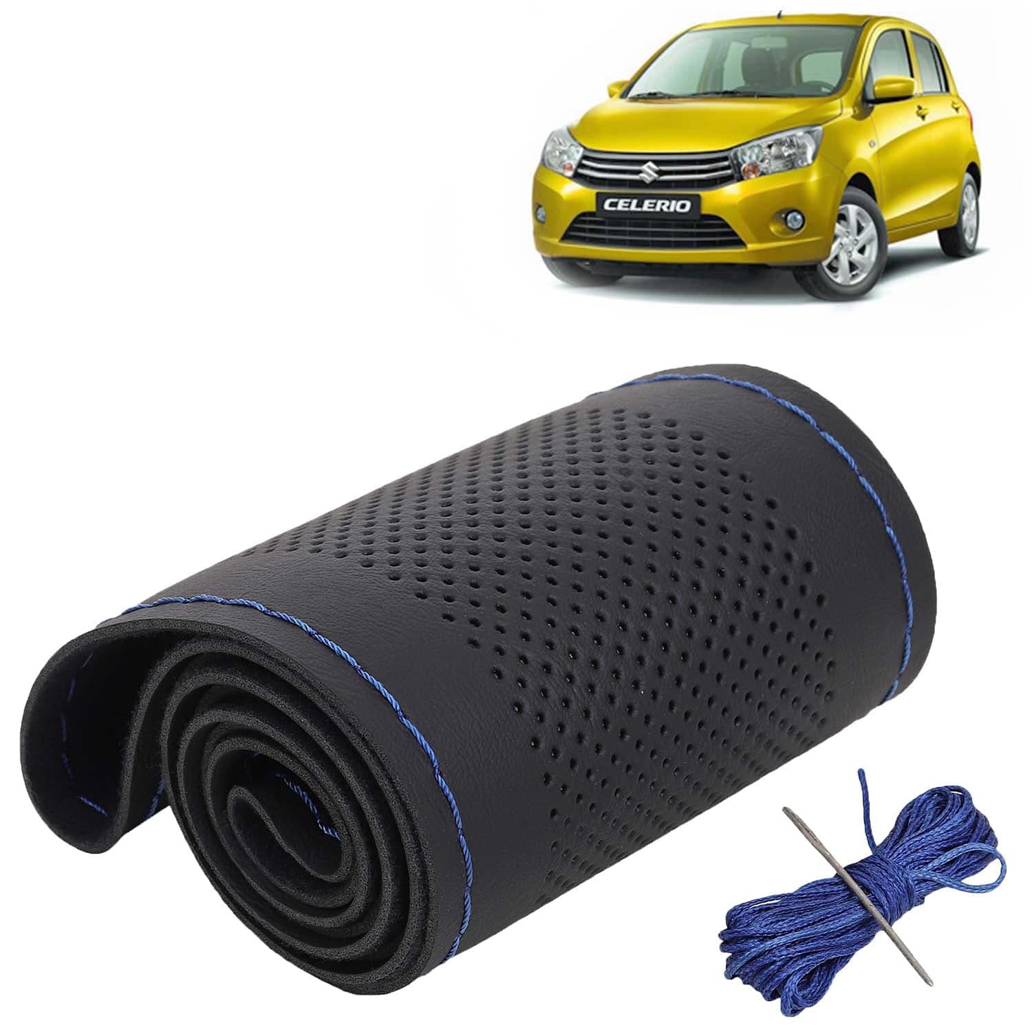 Maruti Suzuki Celerio Car Steering Wheel Cover PU Leatherite Sewable Compatible with (Year 2014 - 2021), Black Color with Blue Thread, Pack of 1 with Sewing Needle and Thread