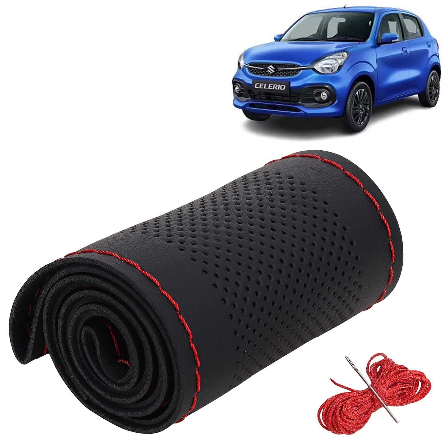 Maruti Suzuki Celerio Car Steering Wheel Cover PU Leatherite Sewable Compatible with (Year 2021 Onwards), Black Color with Red Thread, Pack of 1 with Sewing Needle and Thread