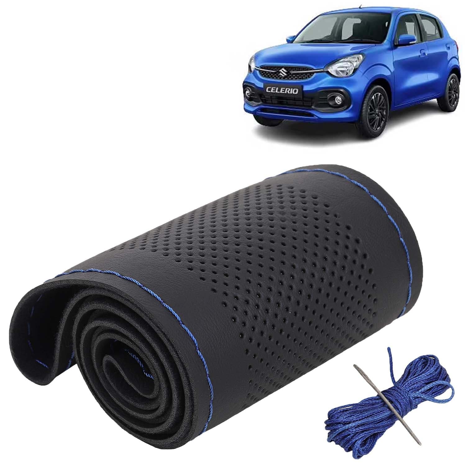 Maruti Suzuki Celerio Car Steering Wheel Cover PU Leatherite Sewable Compatible with (Year 2021 Onwards), Black Color with Blue Thread, Pack of 1 with Sewing Needle and Thread