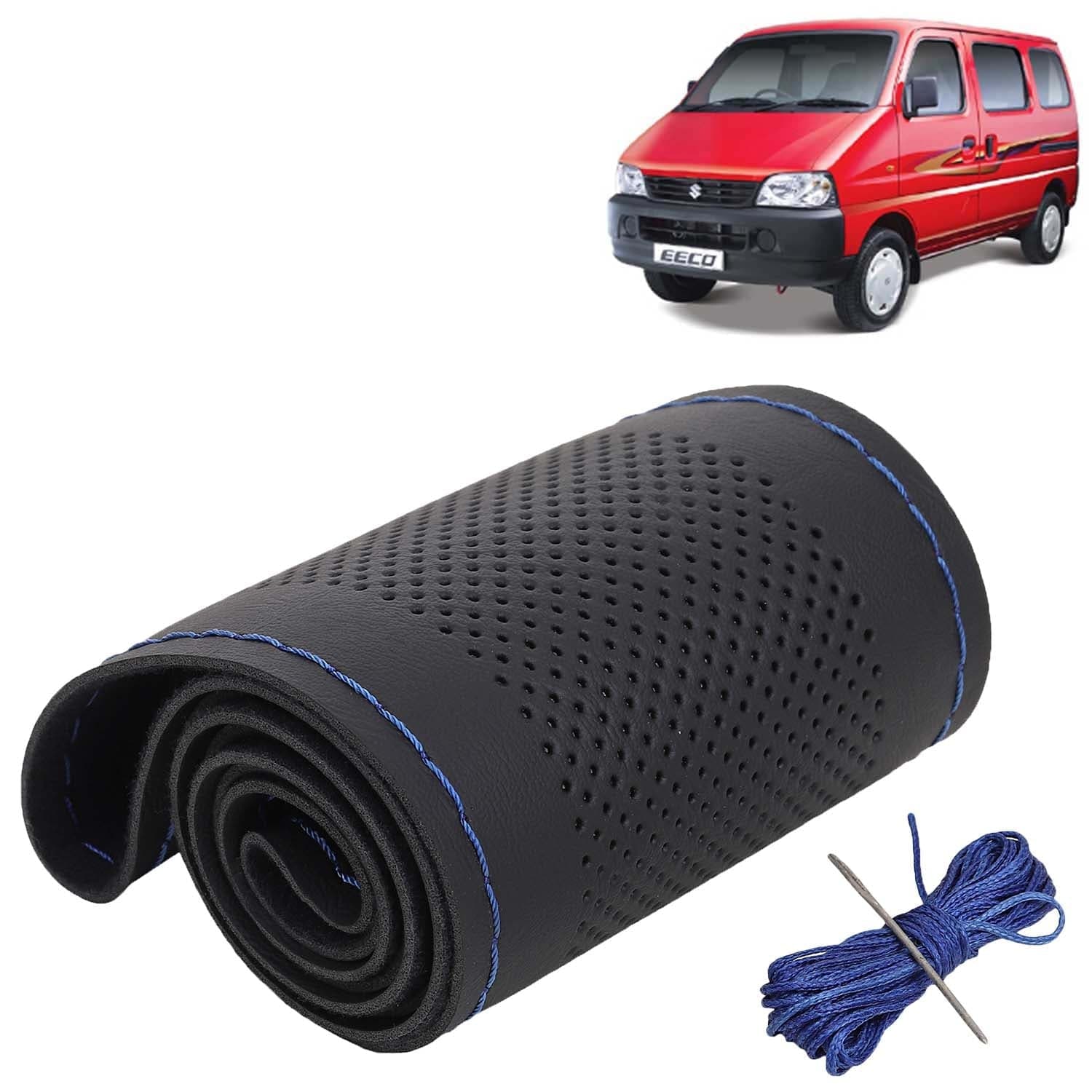 Maruti Suzuki Eeco Car Steering Wheel Cover PU Leatherite Sewable Compatible with (Year 2010 Onwards), Black Color with Blue Thread, Pack of 1 with Sewing Needle and Thread