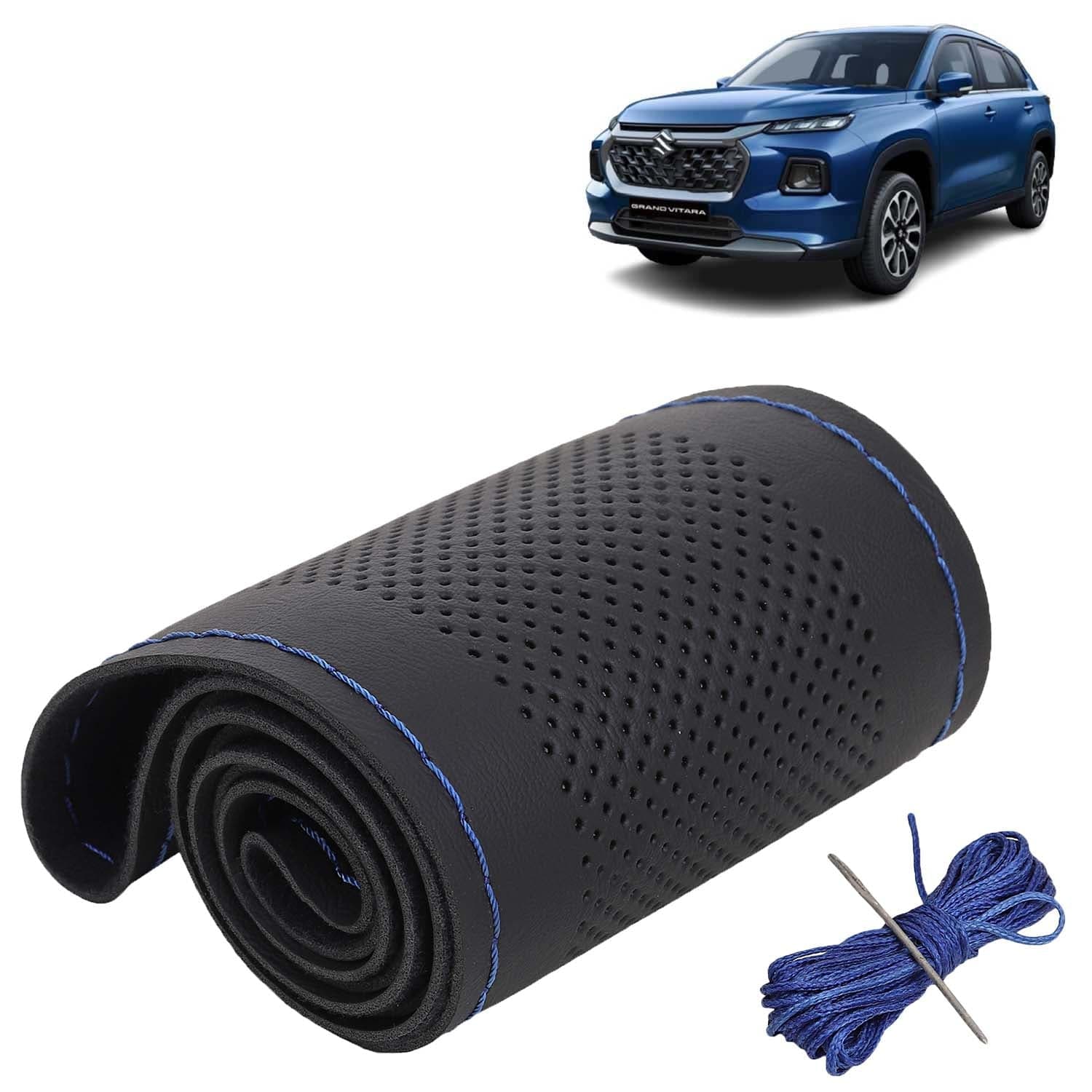 Maruti Suzuki Grand Vitara Car Steering Wheel Cover PU Leatherite Sewable Compatible with (Year 2022 Onwards), Black Color with Blue Thread, Pack of 1 with Sewing Needle and Thread