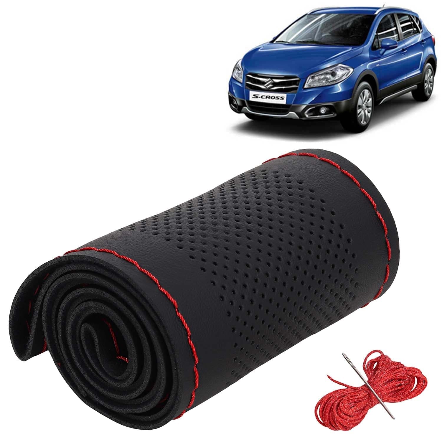 Maruti Suzuki S Cross Car Steering Wheel Cover PU Leatherite Sewable Compatible with (Year 2014 - 2017), Black Color with Red Thread, Pack of 1 with Sewing Needle and Thread