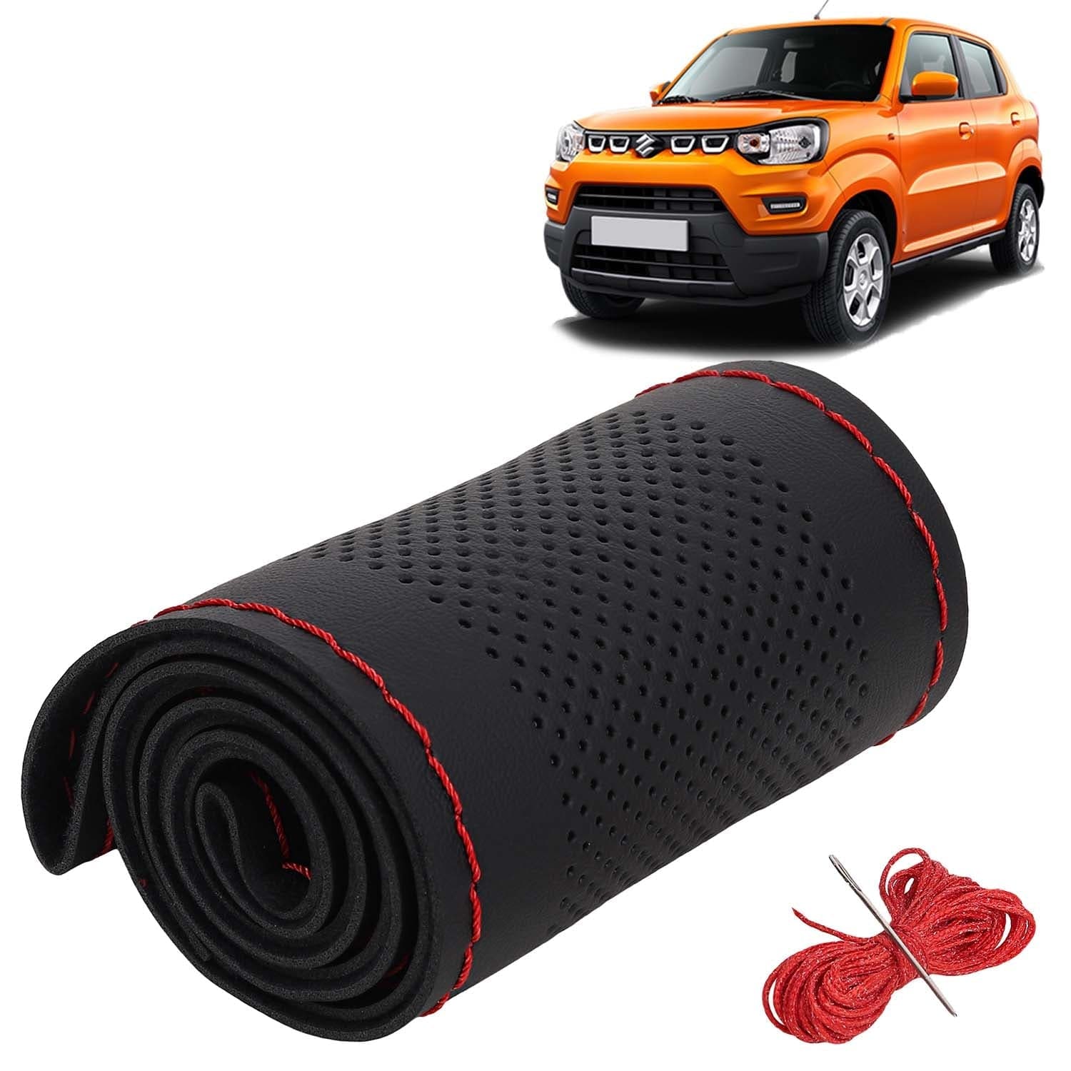 Maruti Suzuki S Presso Car Steering Wheel Cover PU Leatherite Sewable Compatible with (Year 2019 Onwards), Black Color with Red Thread, Pack of 1 with Sewing Needle and Thread