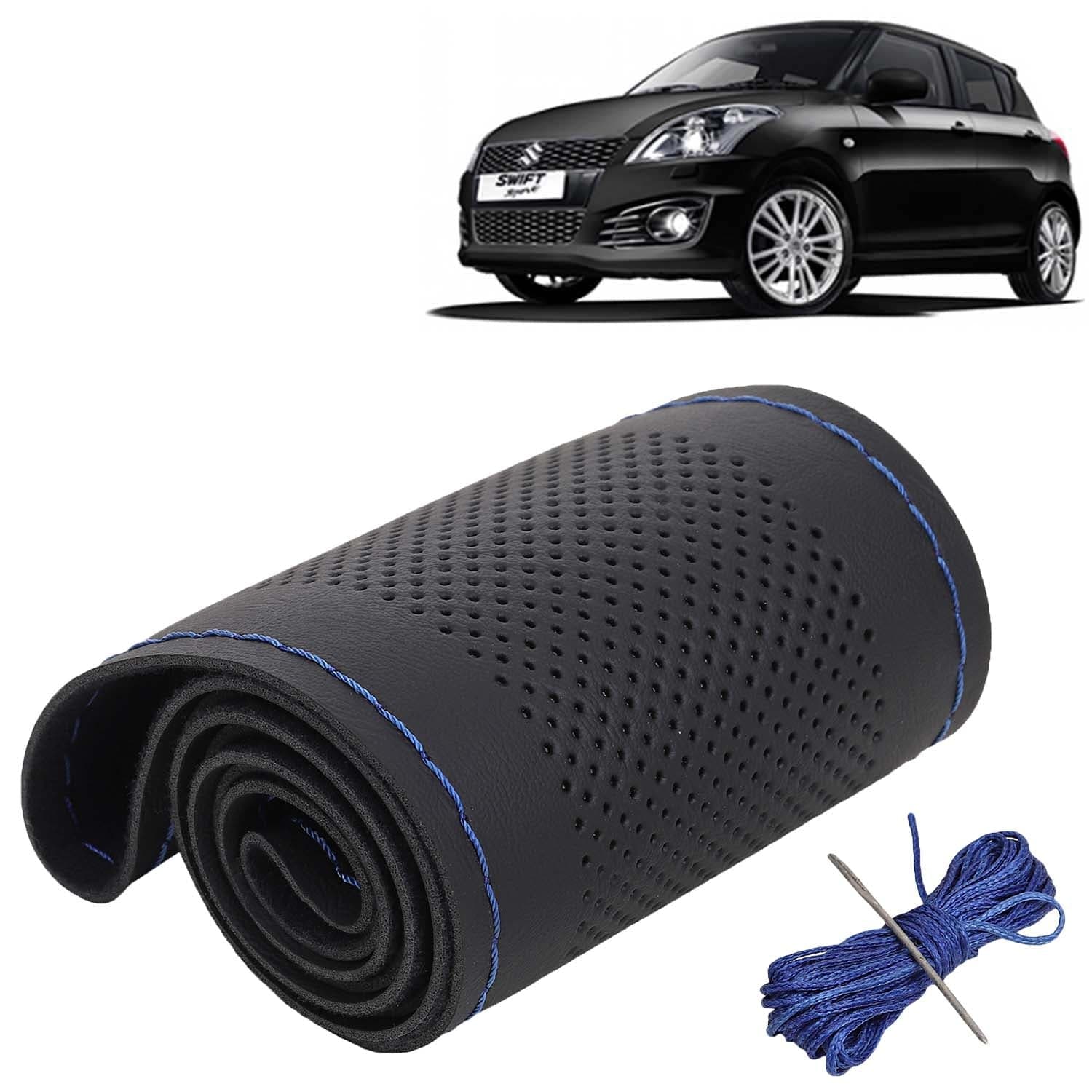 Maruti Suzuki Swift Car Steering Wheel Cover PU Leatherite Sewable Compatible with (Year 2011 - 2017), Black Color with Blue Thread, Pack of 1 with Sewing Needle and Thread