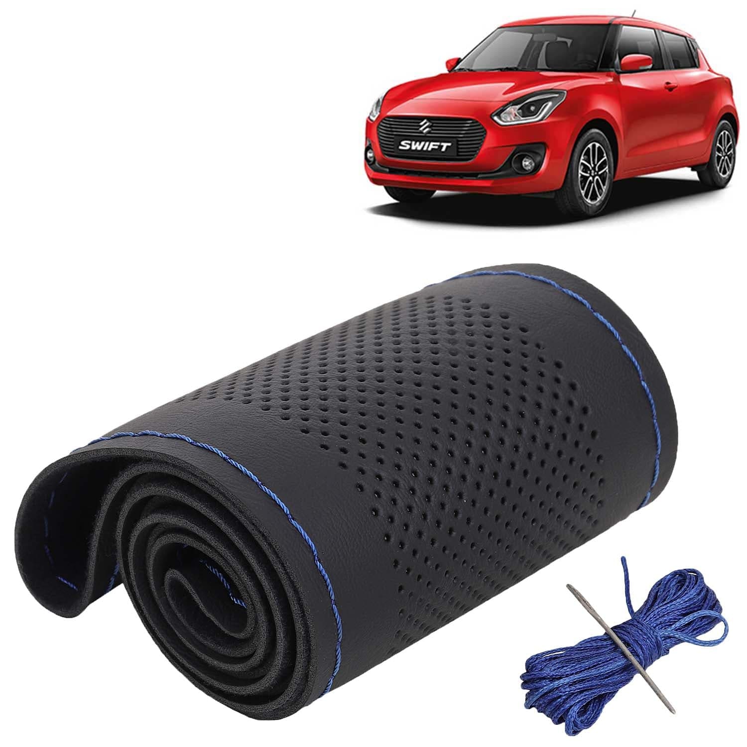 Maruti Suzuki Swift Car Steering Wheel Cover PU Leatherite Sewable Compatible with (Year 2018 - 2020), Black Color with Blue Thread, Pack of 1 with Sewing Needle and Thread