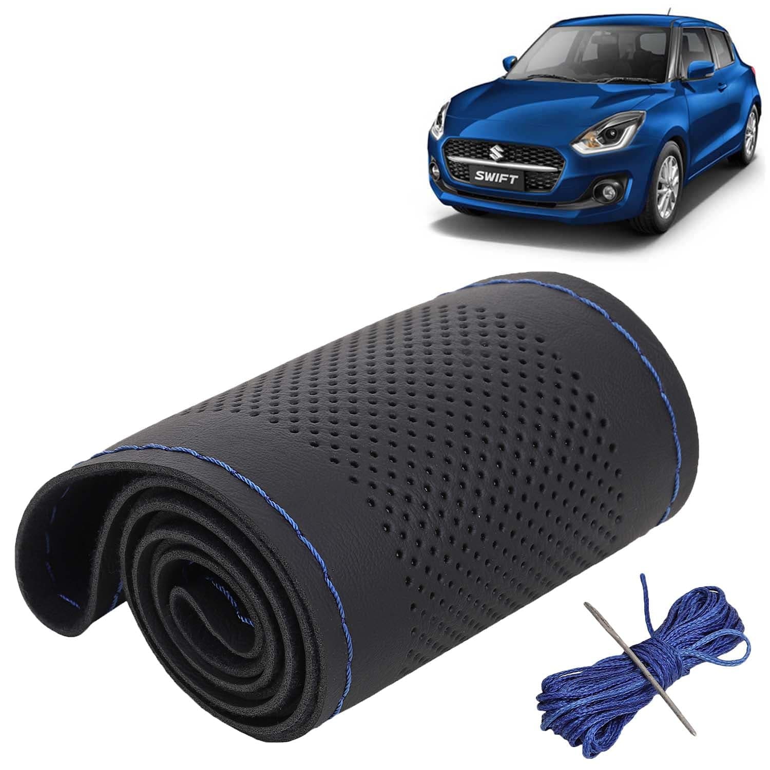Maruti Suzuki Swift Car Steering Wheel Cover PU Leatherite Sewable Compatible with (Year 2021 - 2024), Black Color with Blue Thread, Pack of 1 with Sewing Needle and Thread