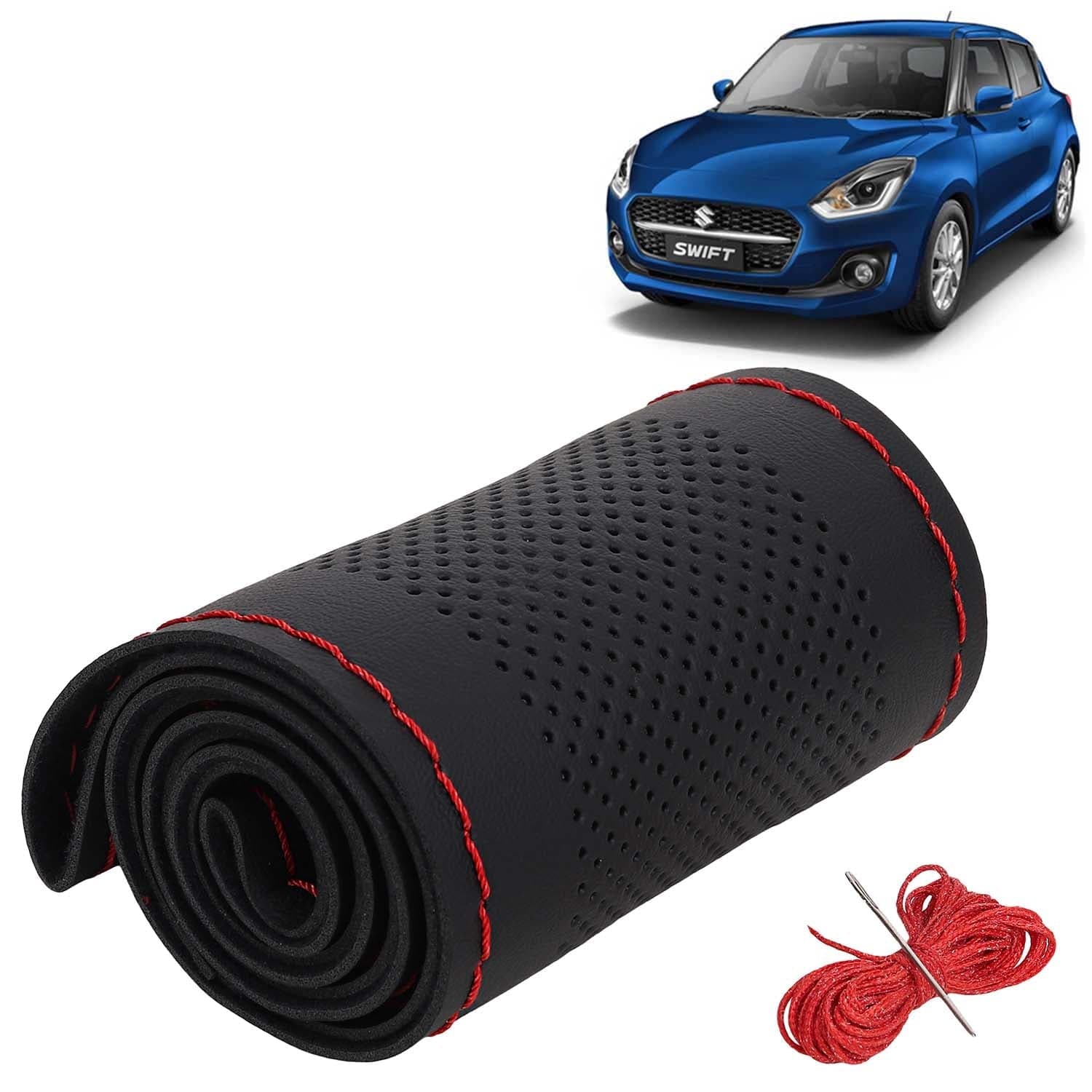 Maruti Suzuki Swift Car Steering Wheel Cover PU Leatherite Sewable Compatible with (Year 2021 - 2024), Black Color with Red Thread, Pack of 1 with Sewing Needle and Thread