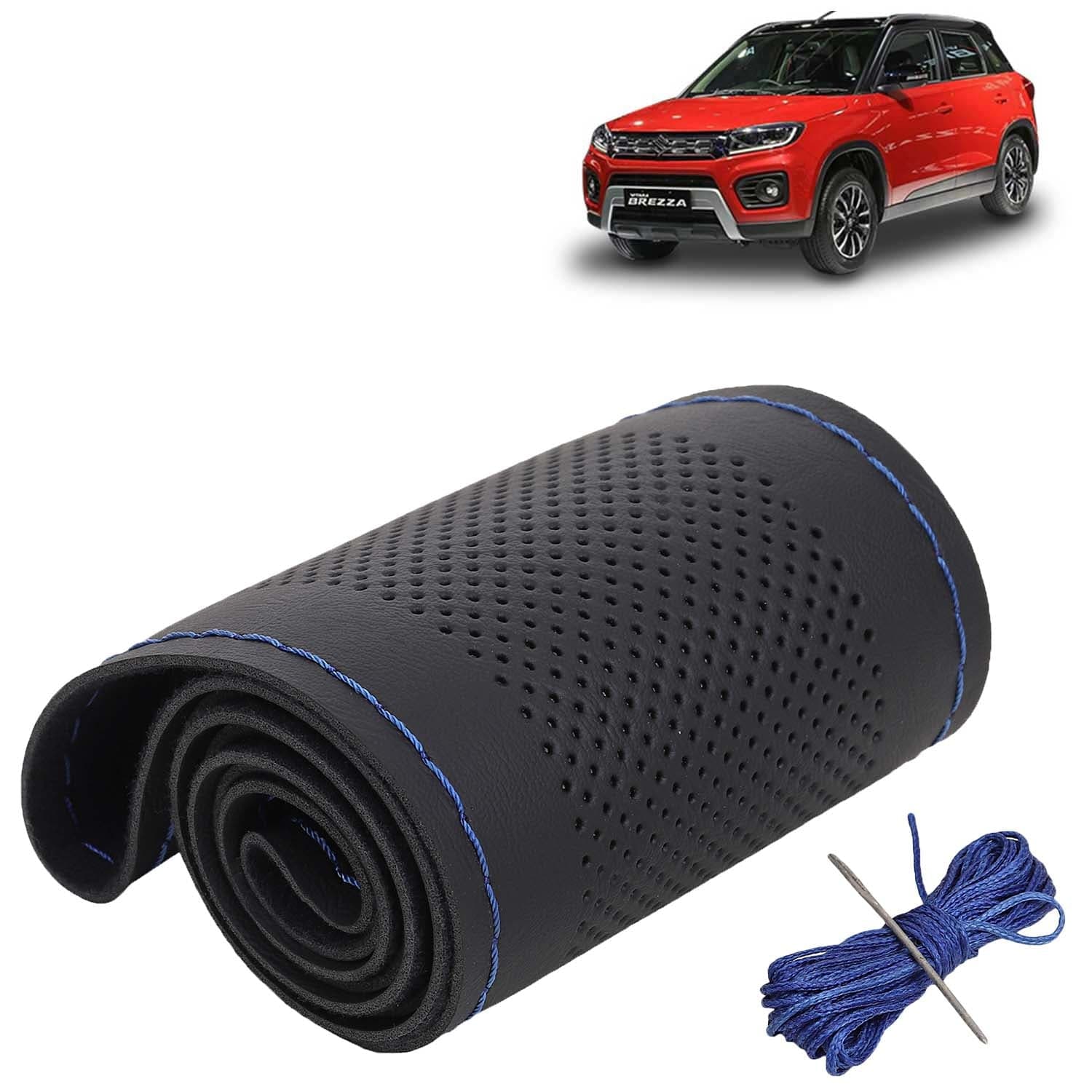 Maruti Suzuki Vitara Brezza Car Steering Wheel Cover PU Leatherite Sewable Compatible with (Year 2020 - 2022), Black Color with Blue Thread, Pack of 1 with Sewing Needle and Thread