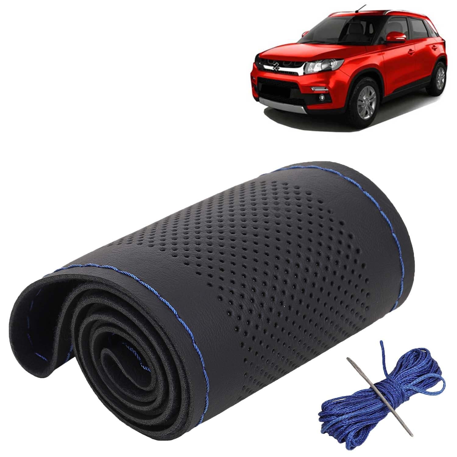Maruti Suzuki Vitara Brezza Car Steering Wheel Cover PU Leatherite Sewable Compatible with (Year 2016 - 2019), Black Color with Blue Thread, Pack of 1 with Sewing Needle and Thread