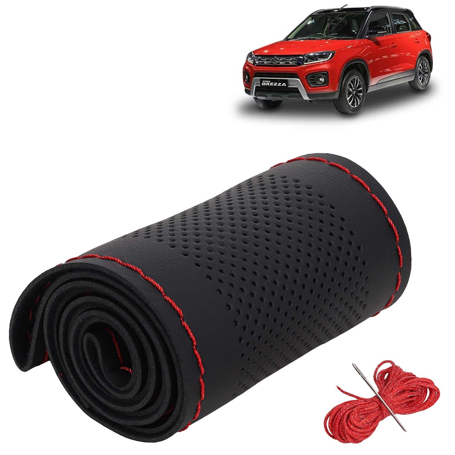 Maruti Suzuki Vitara Brezza Car Steering Wheel Cover PU Leatherite Sewable Compatible with (Year 2020 - 2022), Black Color with Red Thread, Pack of 1 with Sewing Needle and Thread