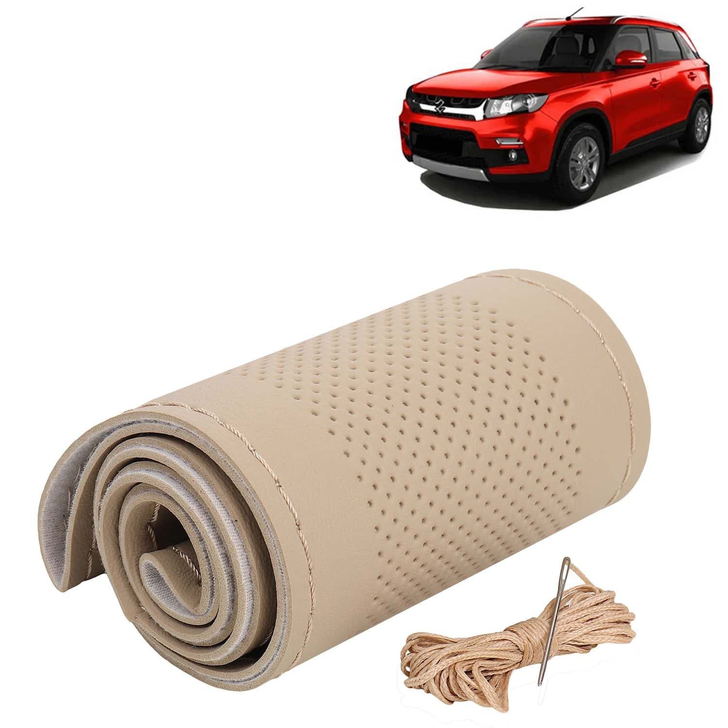 Maruti Suzuki Vitara Brezza Car Steering Wheel Cover PU Leatherite Sewable Compatible with (Year 2016 - 2019), Beige Color with Beige Thread, Pack of 1 with Sewing Needle and Thread