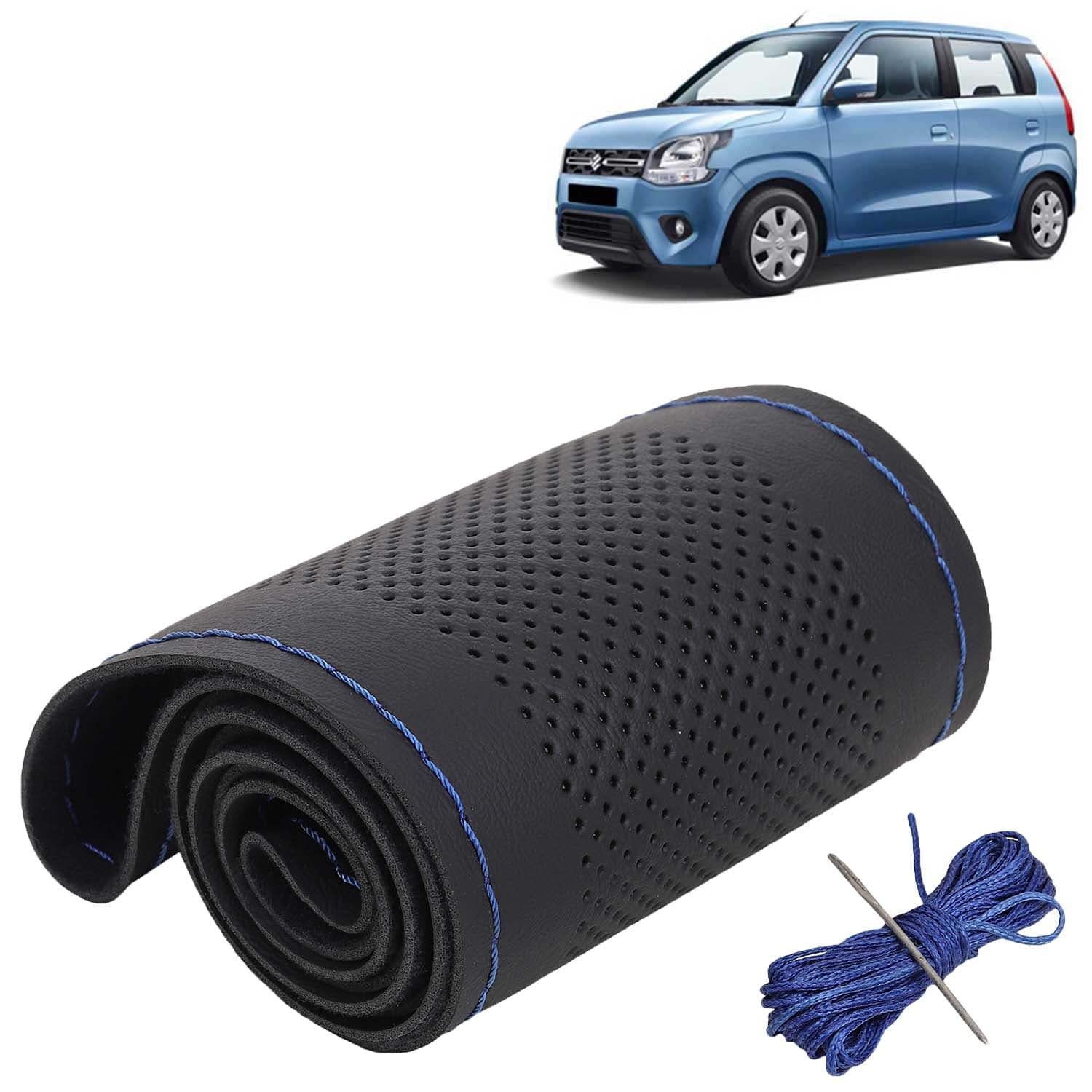 Maruti Suzuki Wagon R Car Steering Wheel Cover PU Leatherite Sewable Compatible with (Year 2019 Onwards), Black Color with Blue Thread, Pack of 1 with Sewing Needle and Thread