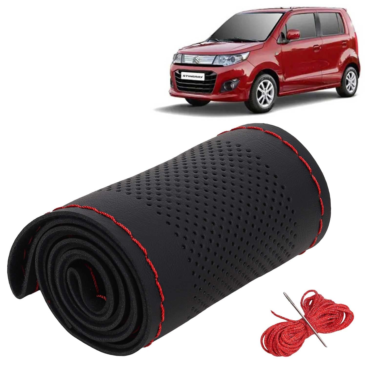 Maruti Suzuki Wagon R Stingray Car Steering Wheel Cover PU Leatherite Sewable Compatible with (Year 2014 - 2018), Black Color with Red Thread, Pack of 1 with Sewing Needle and Thread