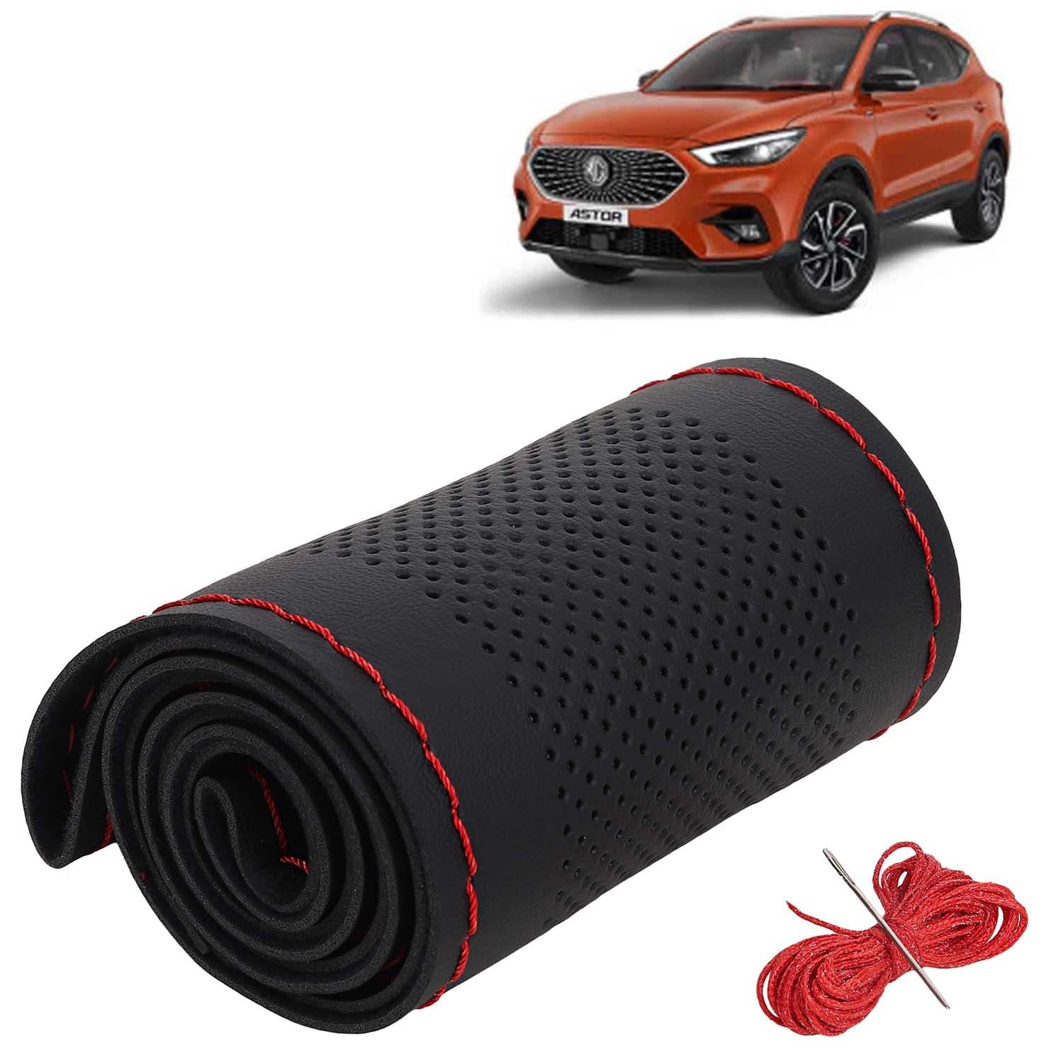 Morris Garages (MG) Astor Car Steering Wheel Cover PU Leatherite Sewable Compatible with (Year 2021 Onwards), Black Color with Red Thread, Pack of 1 with Sewing Needle and Thread