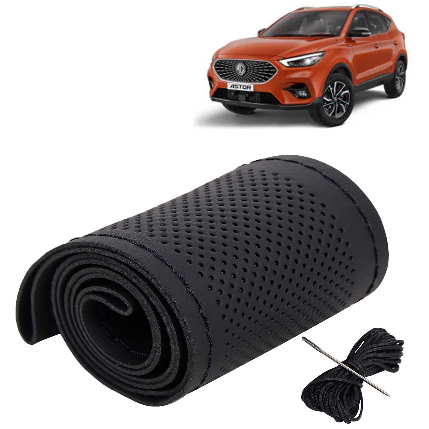 Morris Garages (MG) Astor Car Steering Wheel Cover PU Leatherite Sewable Compatible with (Year 2021 Onwards), Black Color with Black Thread, Pack of 1 with Sewing Needle and Thread